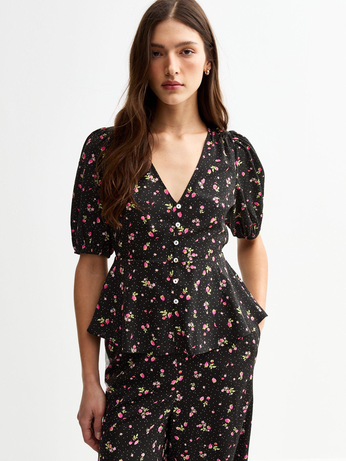 undefined Floral Print V-Neck Blouse - Black