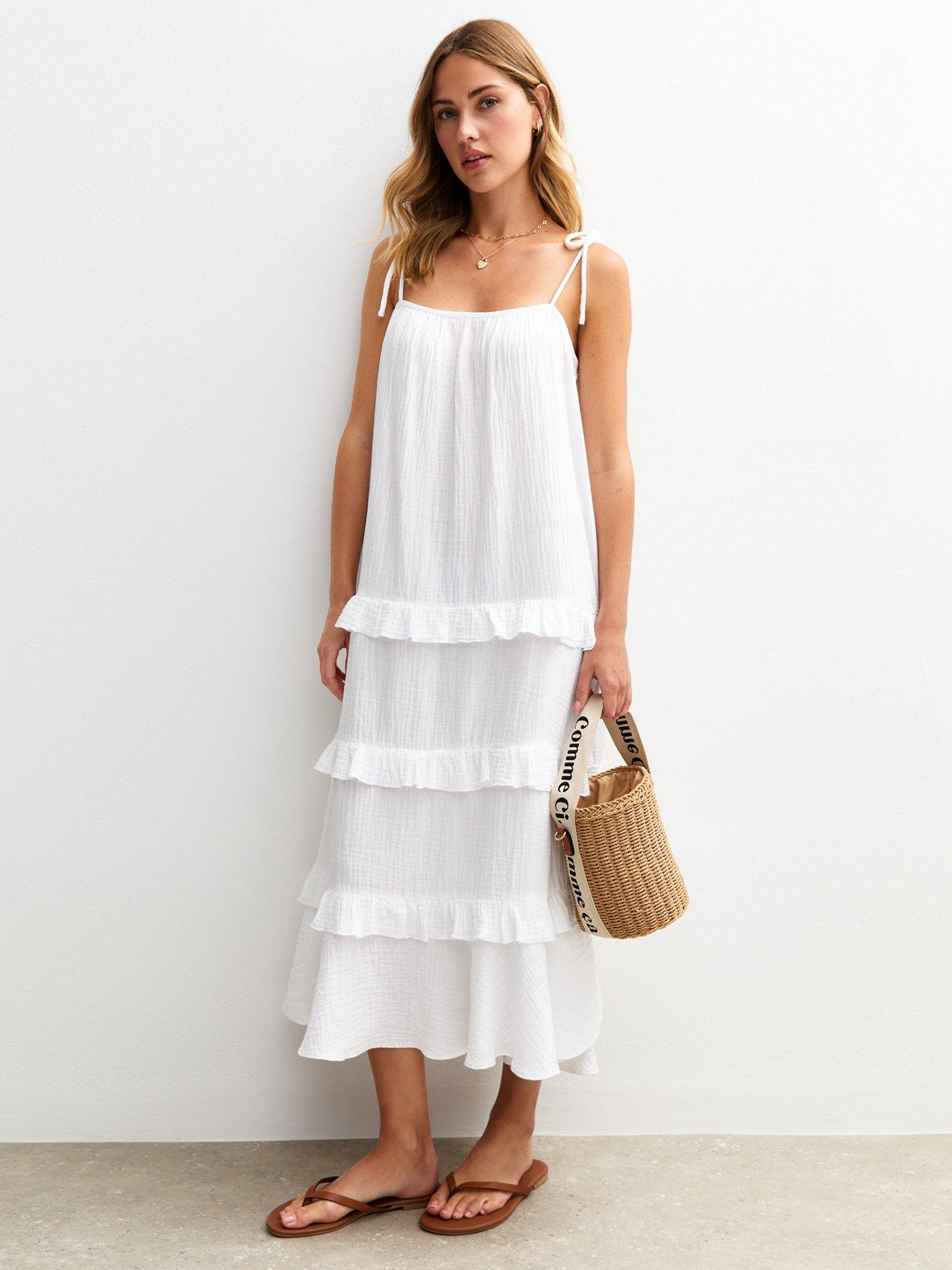 undefined Crinkled Frilly Trim Midi Dress - White