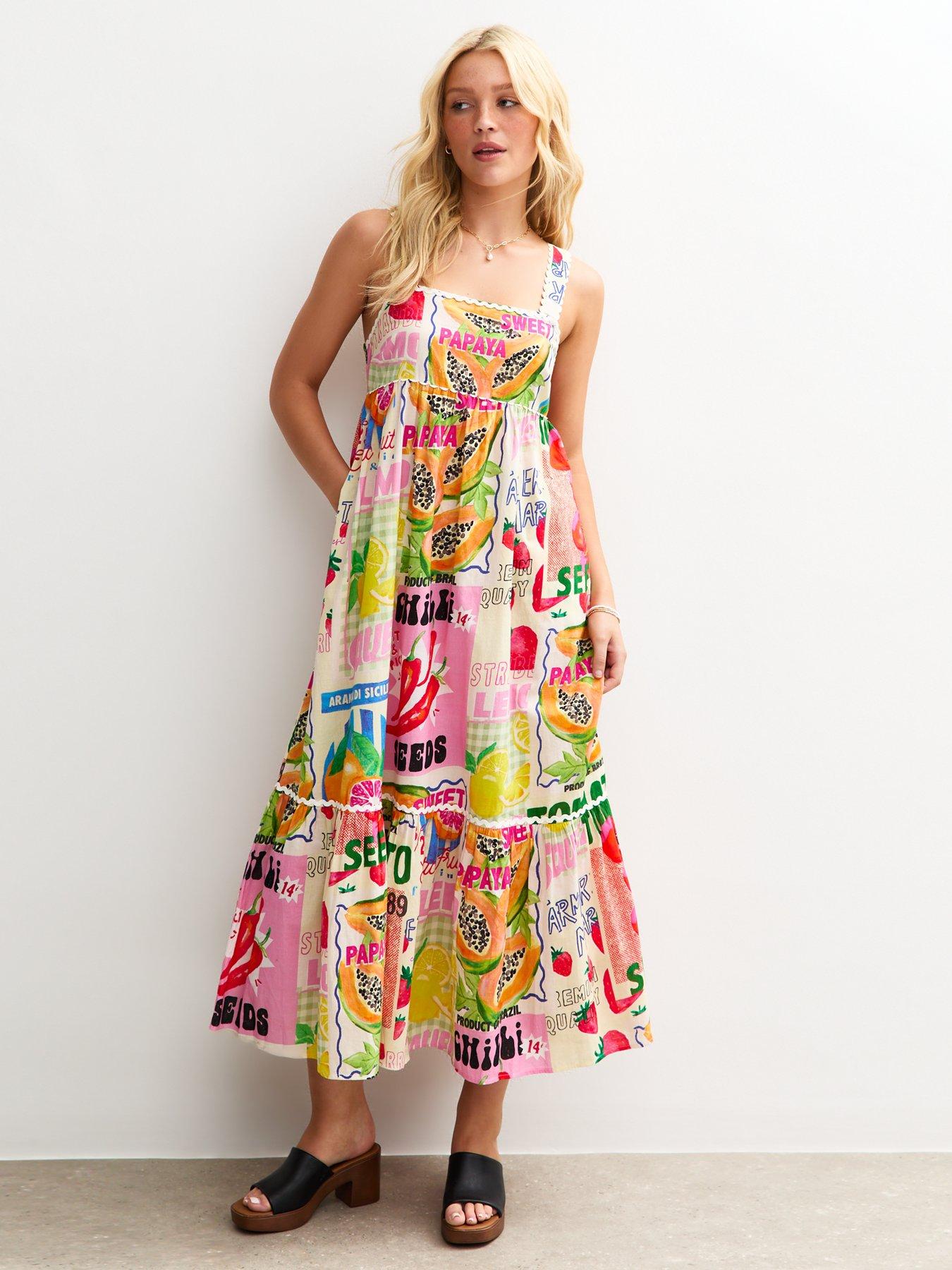 undefined White Fruit Print Scalloped Strap Midi Dress