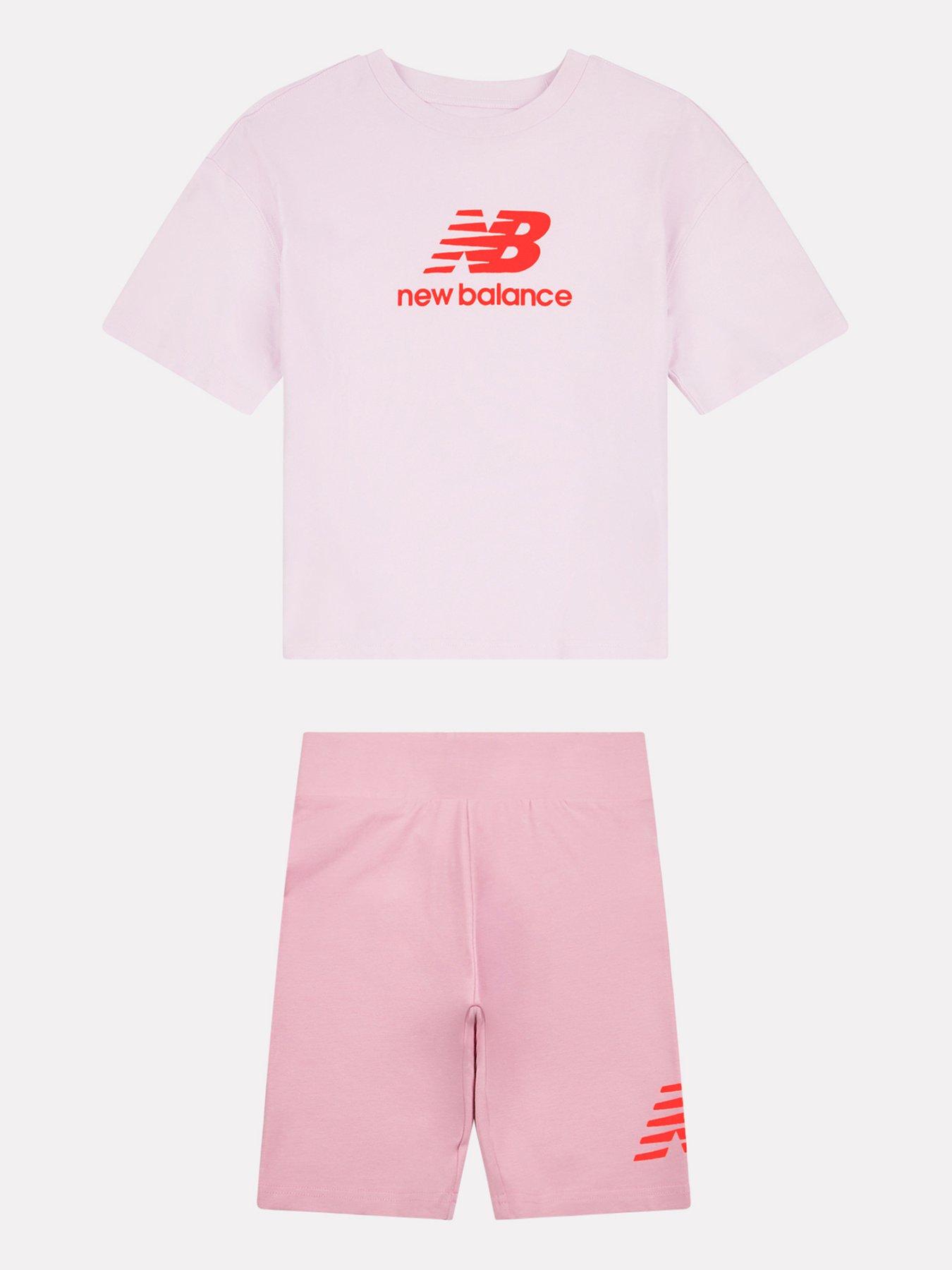 New Balance Junior Girls Stacked Logo Tee And Cycle Short Set - Pink