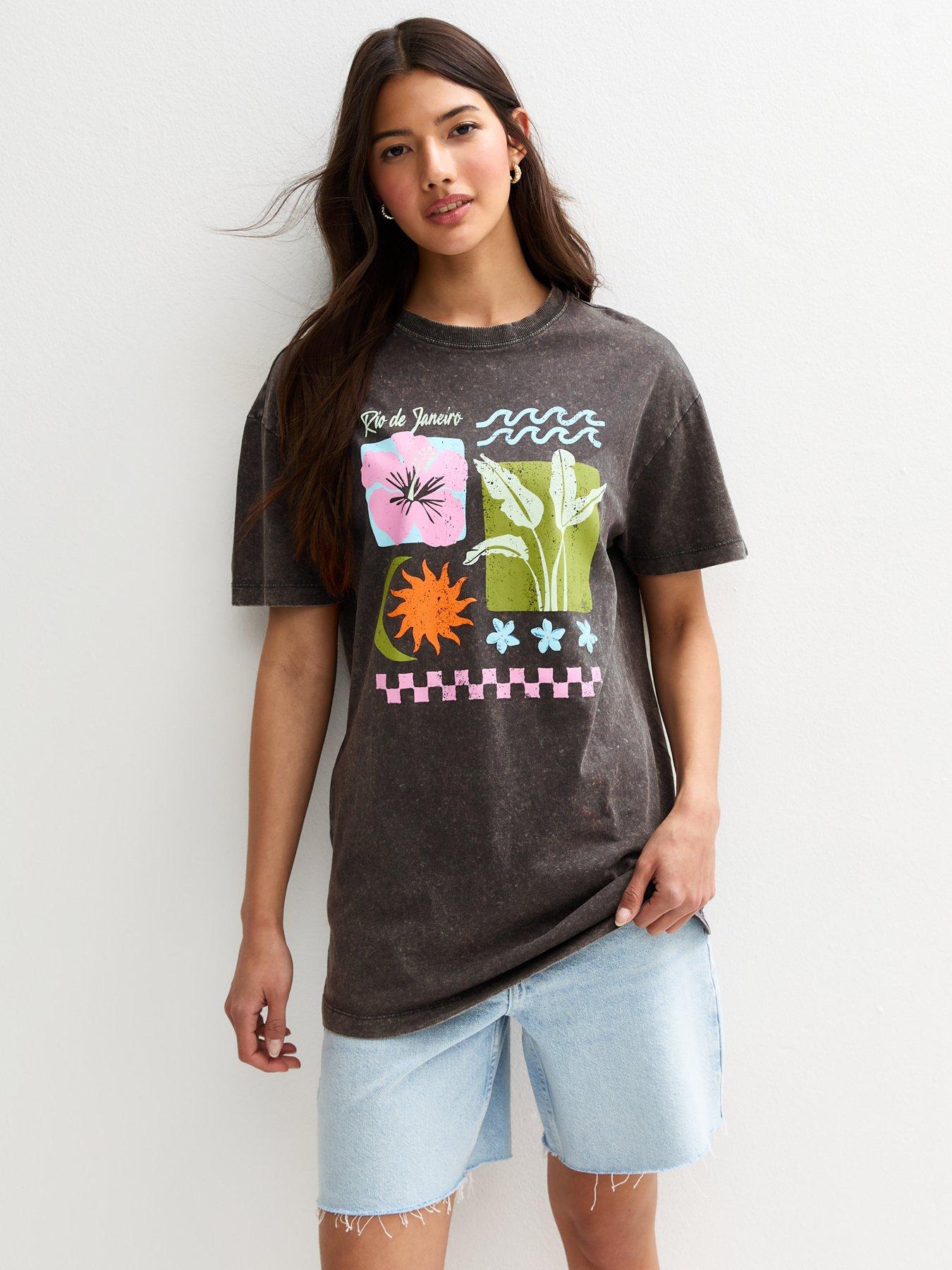 undefined Rio Print Acid Wash Oversized T-Shirt - Dark Grey