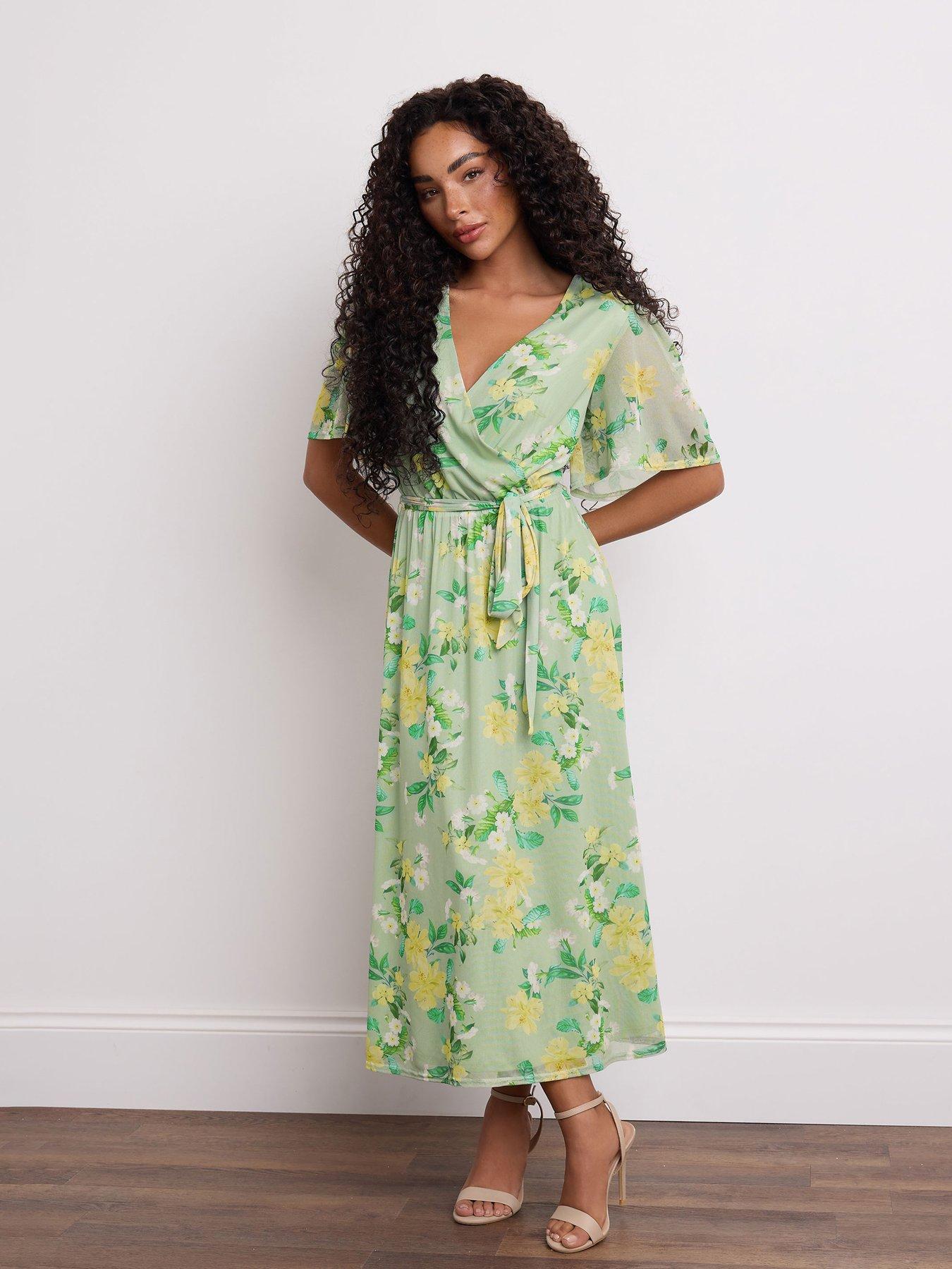 undefined Petite Floral Mesh Wrap Dress - Green