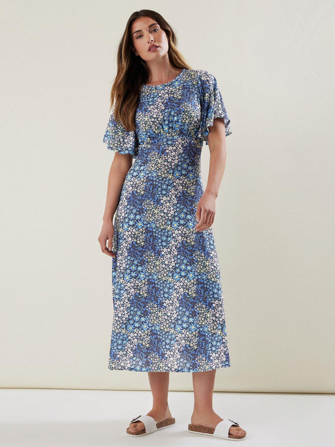 undefined Tall Blue Ditsy Floral Flutter Sleeve Tea Dress
