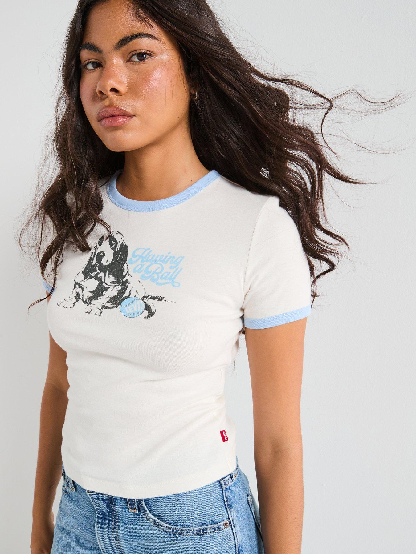 undefined Graphic Ringer Rickie Tee - Having A Ball Dog Egret/chambray Blue