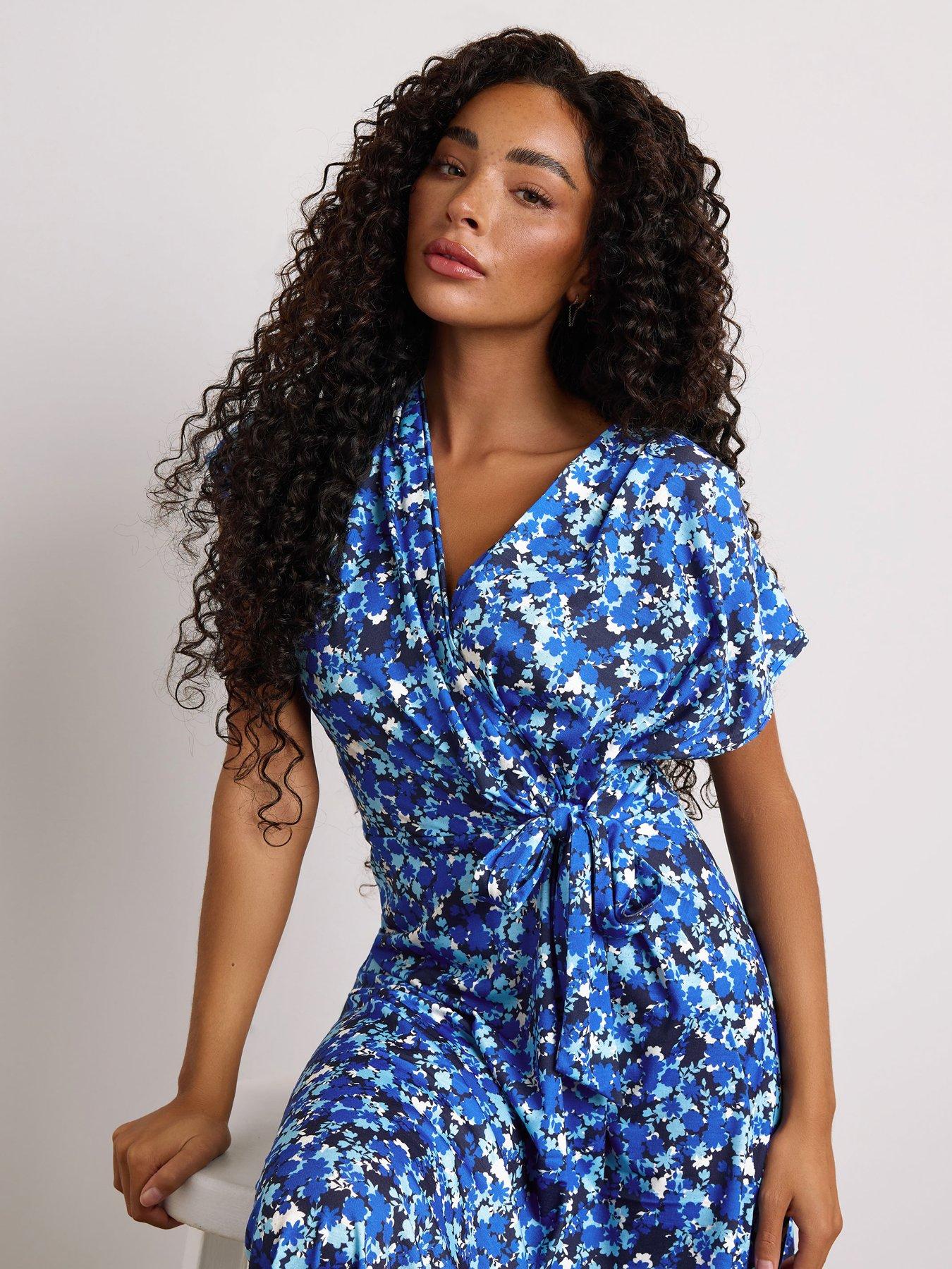 Image 3 of 3 of M&Co Petite Floral Side Twist Dress - Blue