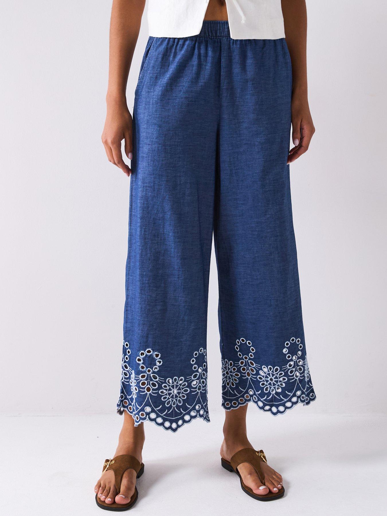 undefined Margot High Waist Embroidery Ankle Pant - Blue