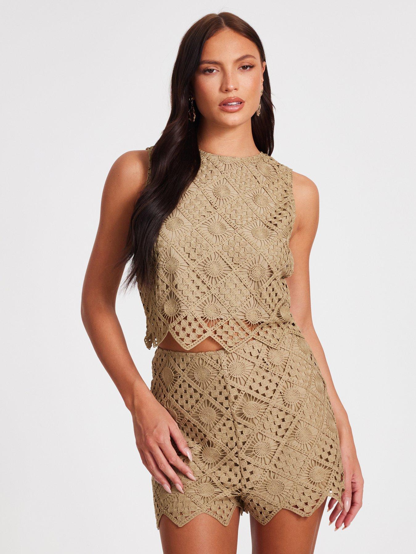 undefined Khaki Crochet Tank Top