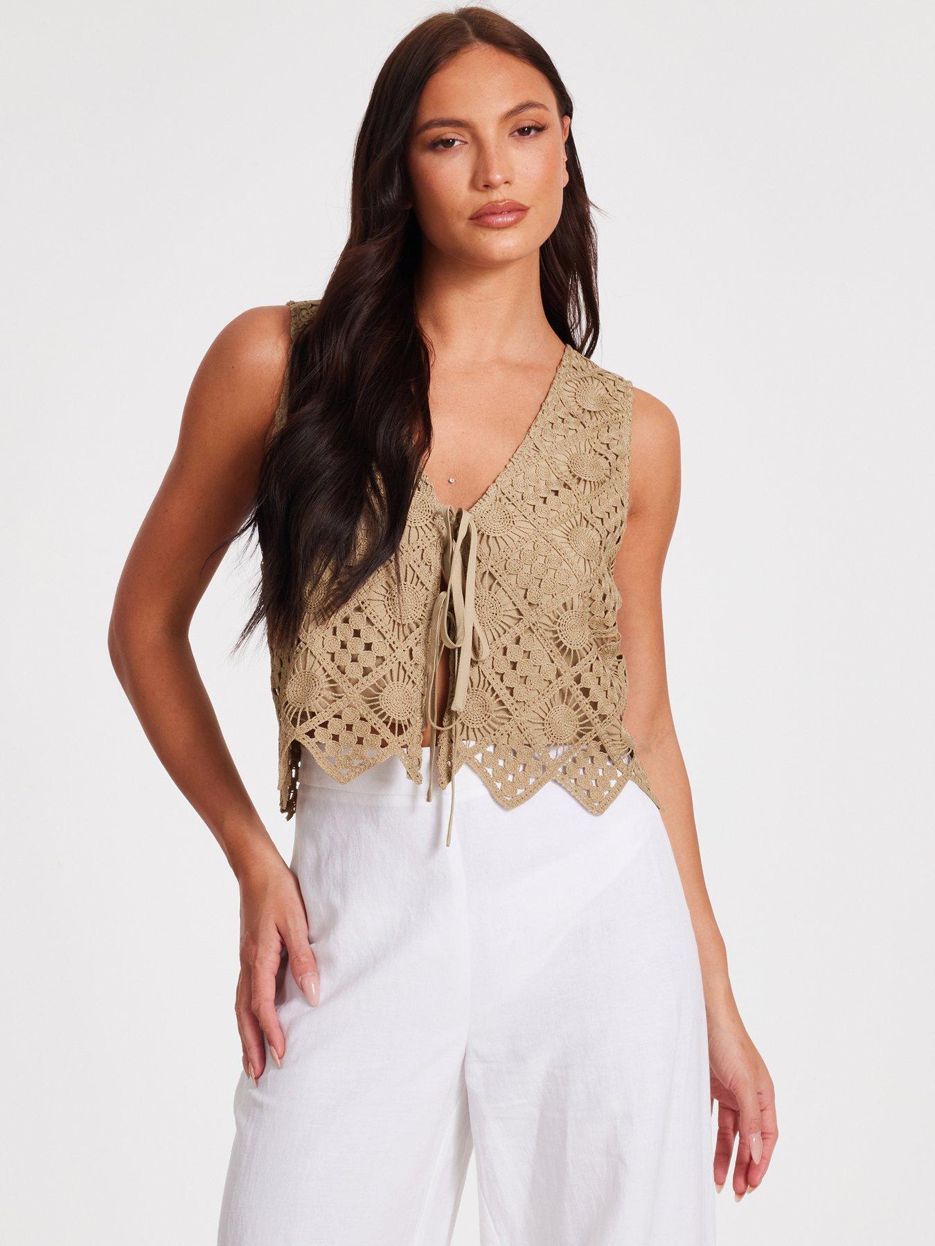 Image 1 of 6 of Quiz Khaki Crochet Waistcoat