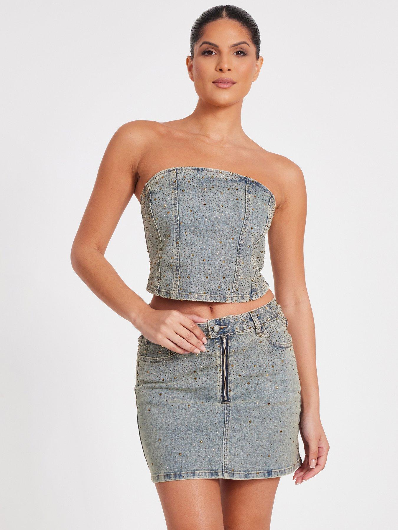 undefined Denim Embellished Bandeau Top