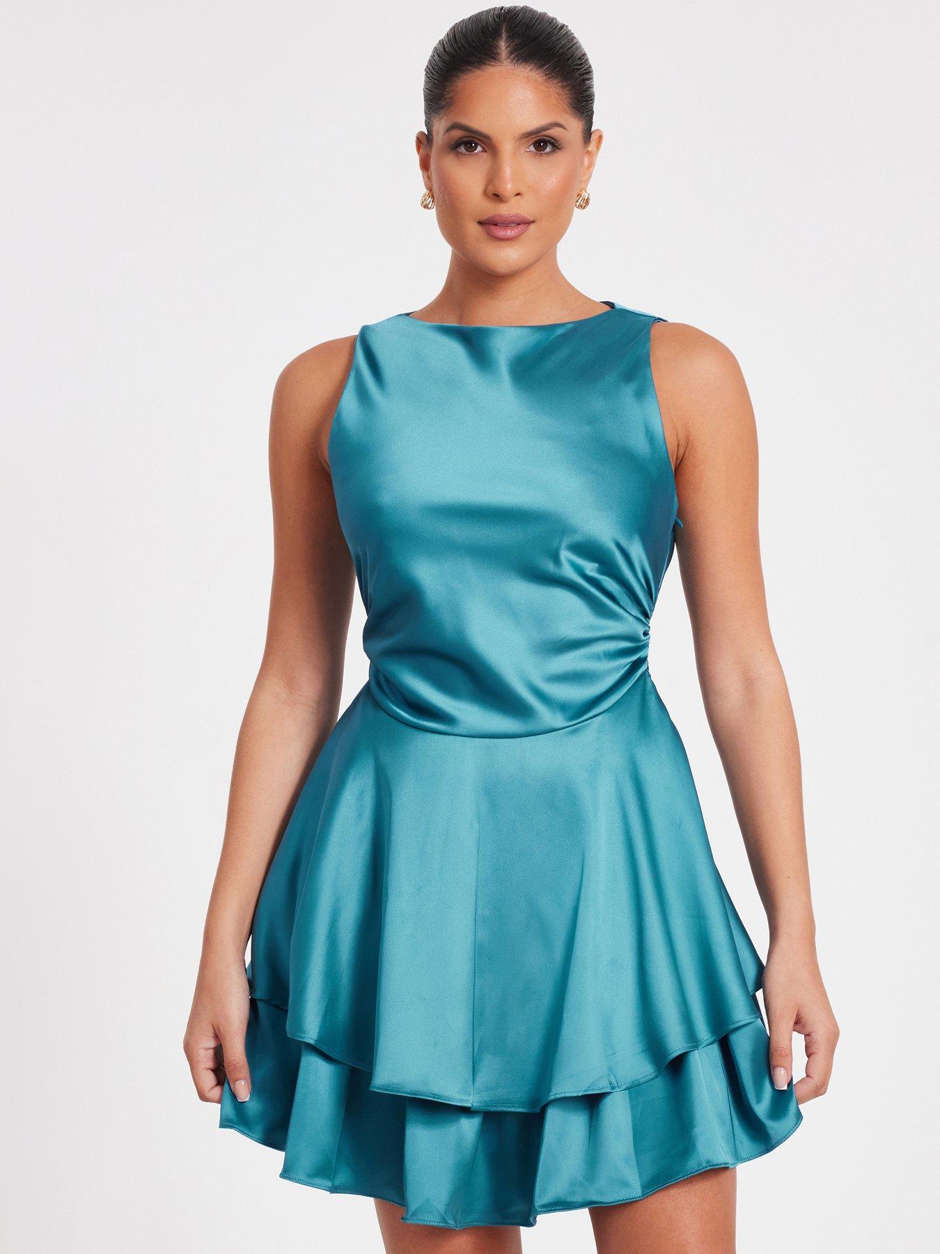 undefined Teal Satin Frill Skater Dress