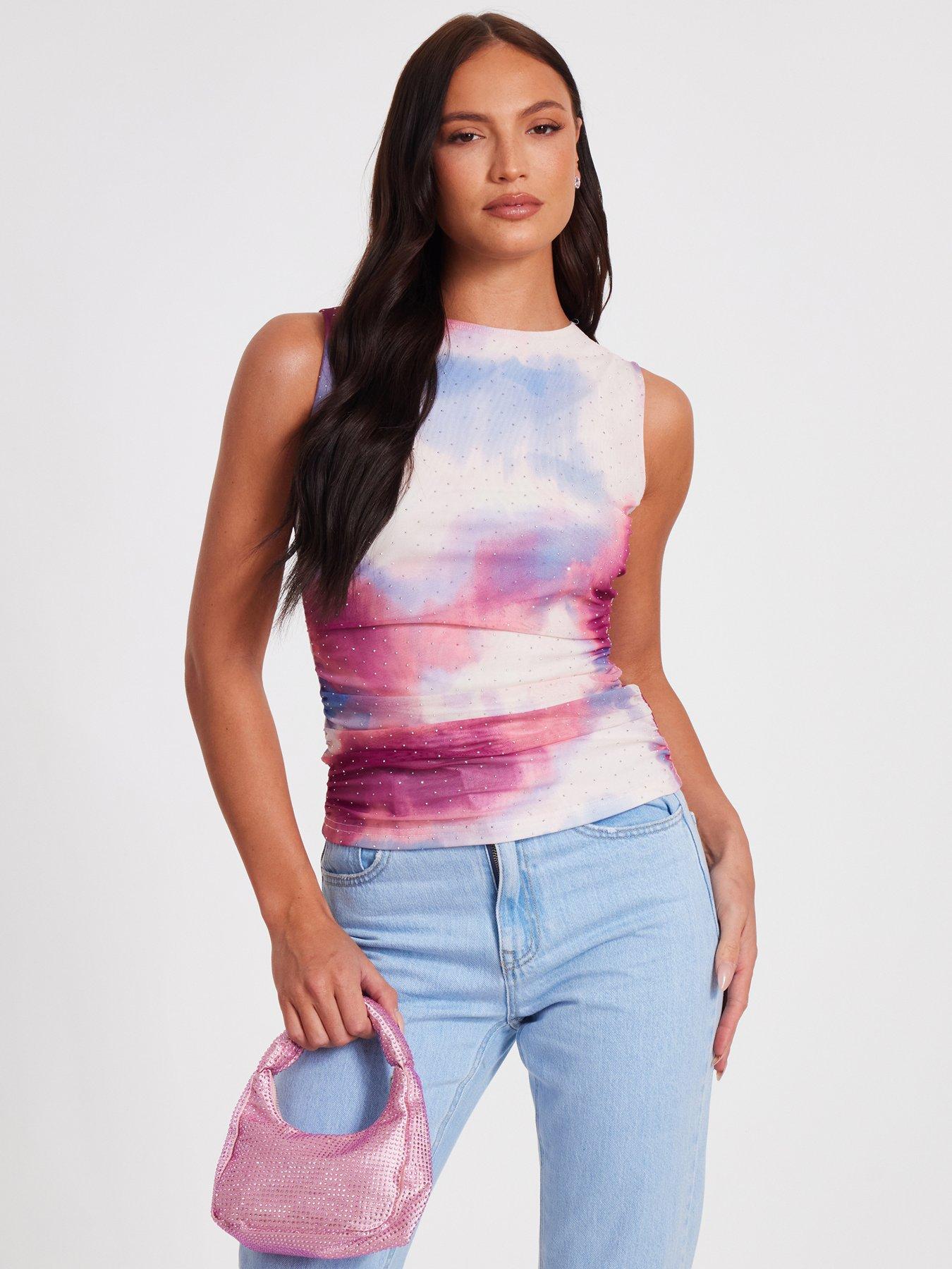 undefined Pink Diamante Marble Print Crop Top