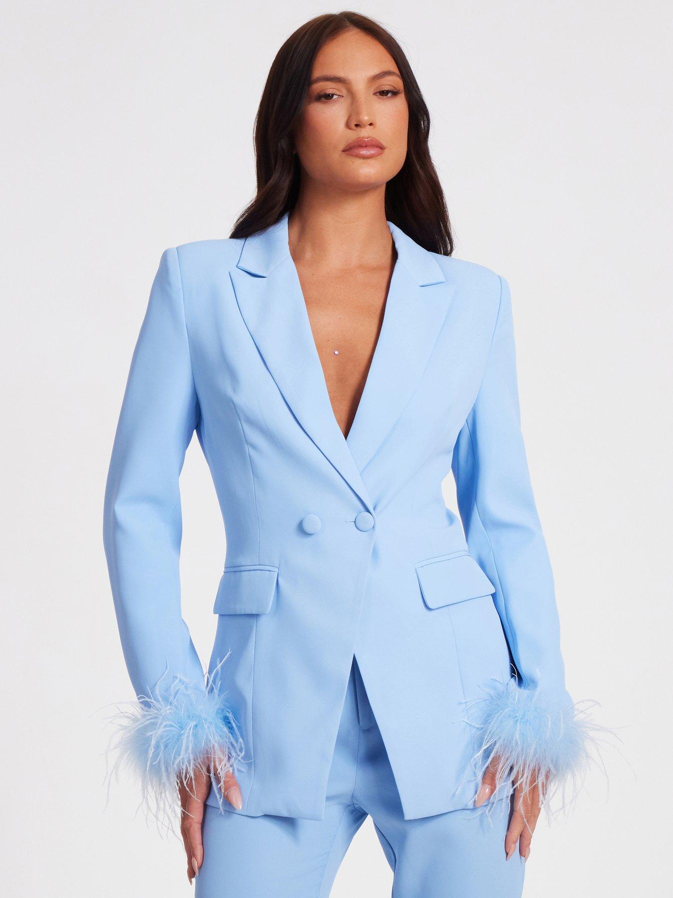 undefined Light Blue Feather Trim Tailored Blazer