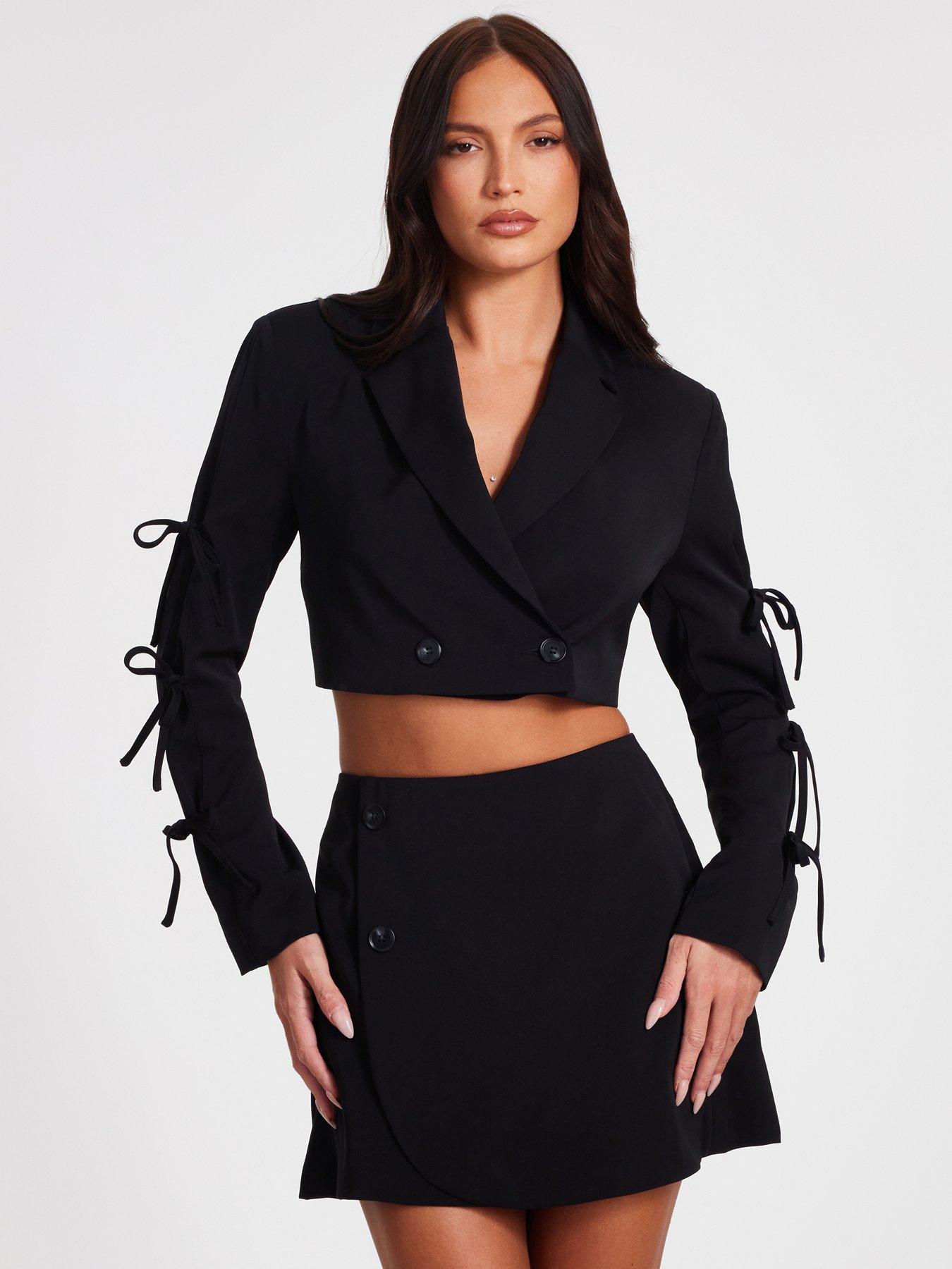 undefined Black Tie Sleeve Cropped Blazer