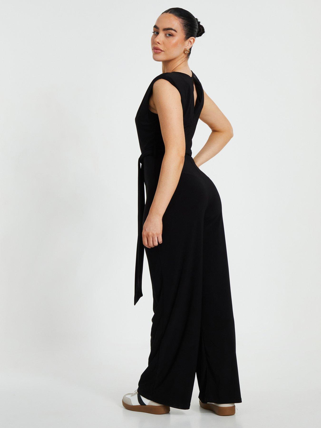 Image 2 of 6 of Quiz Petite Black Tie Waist Jumpsuit