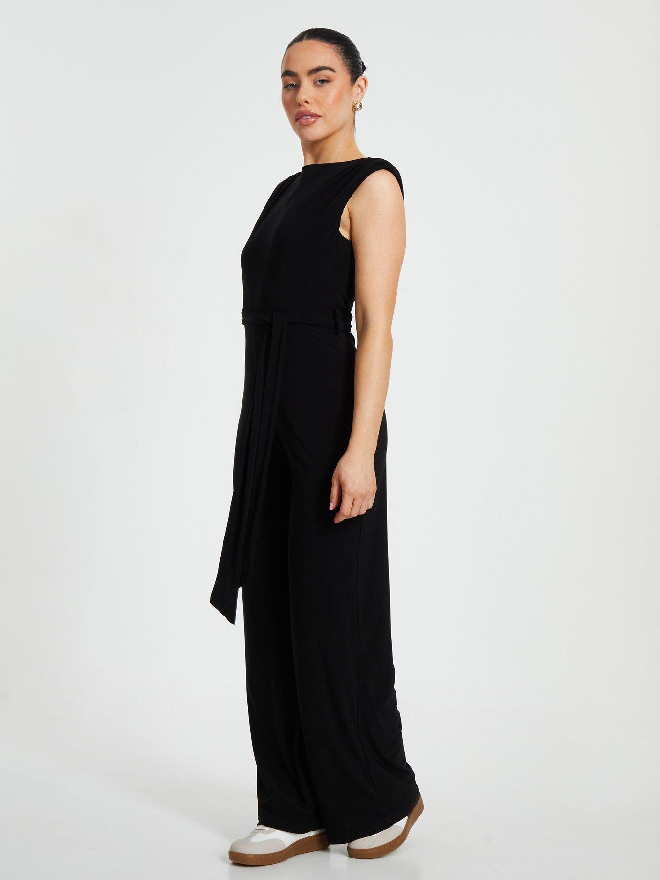 Image 3 of 6 of Quiz Petite Black Tie Waist Jumpsuit