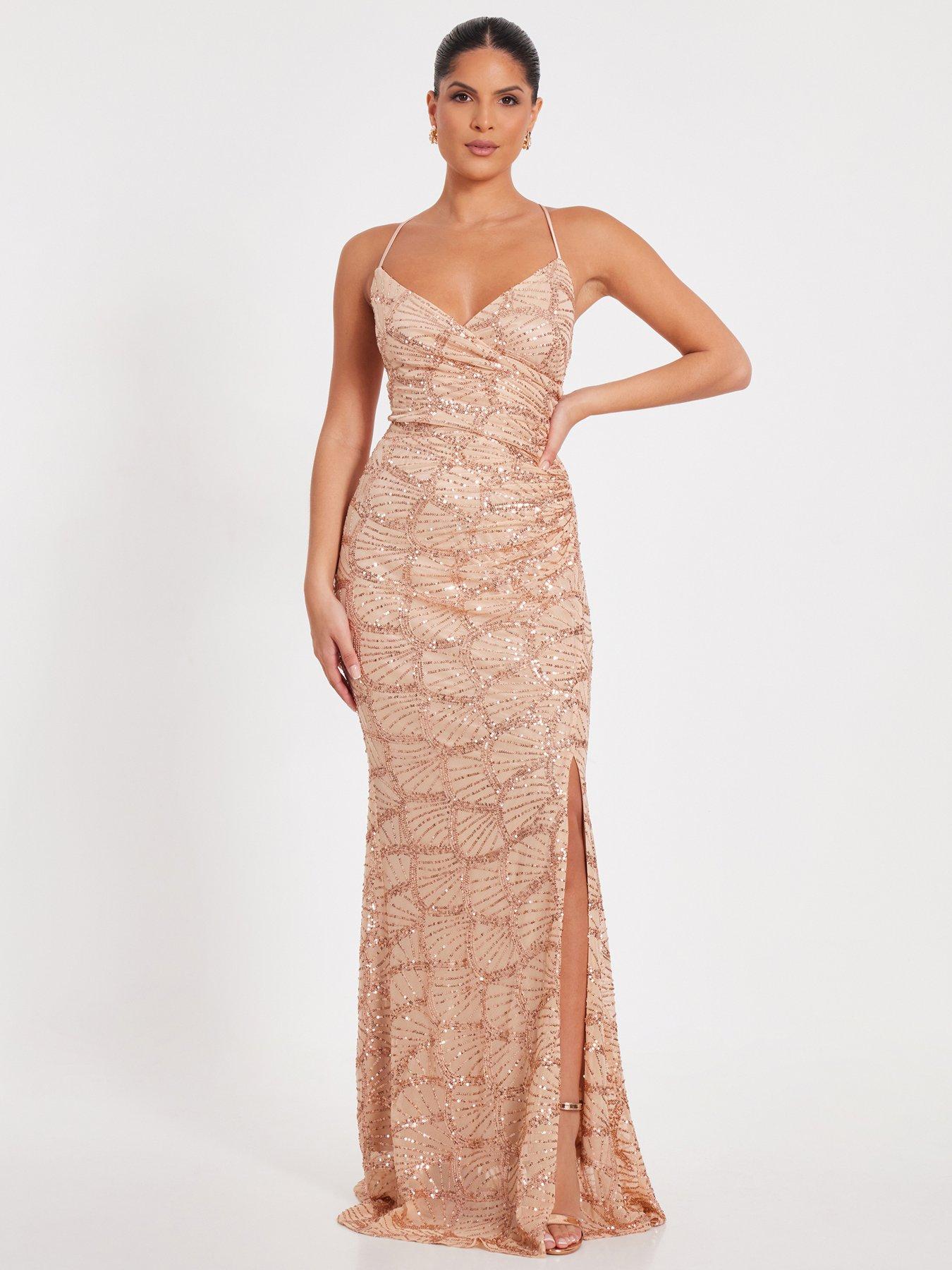 undefined Rose Gold Sequin Fishtail Maxi Dress
