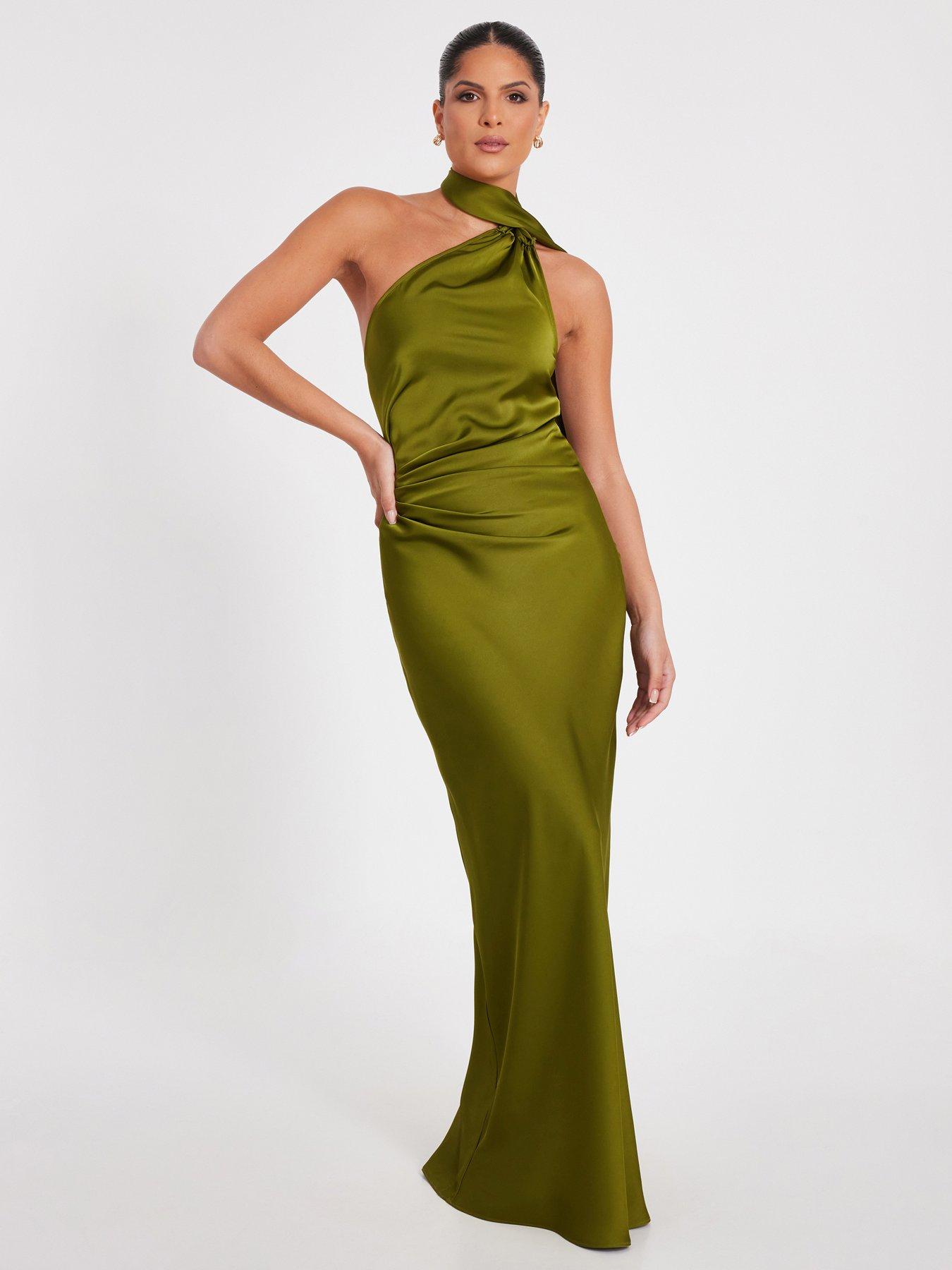 undefined Olive Satin Wrap Neck Maxi Dress