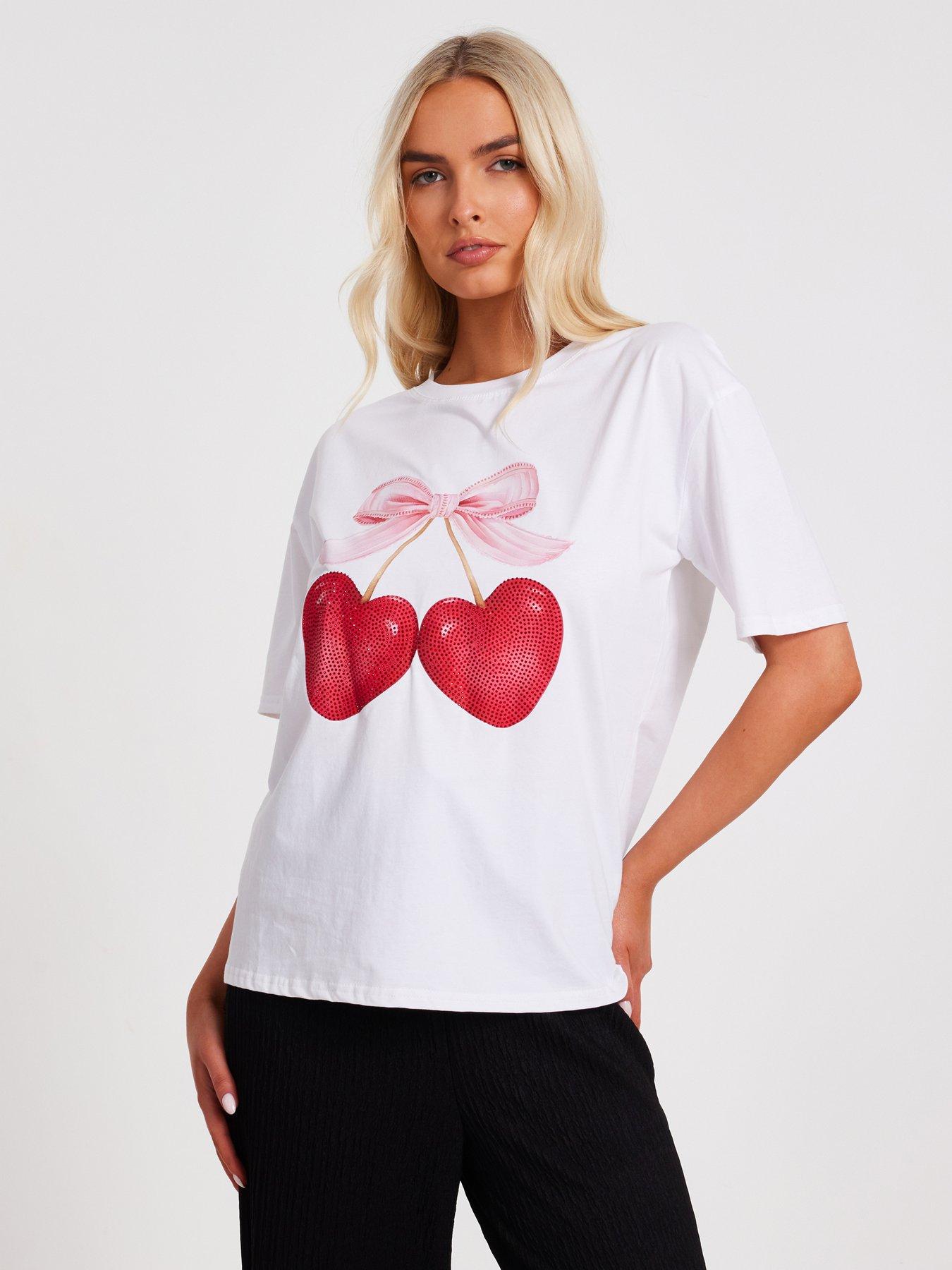 undefined White Cherry Print Boxy Top