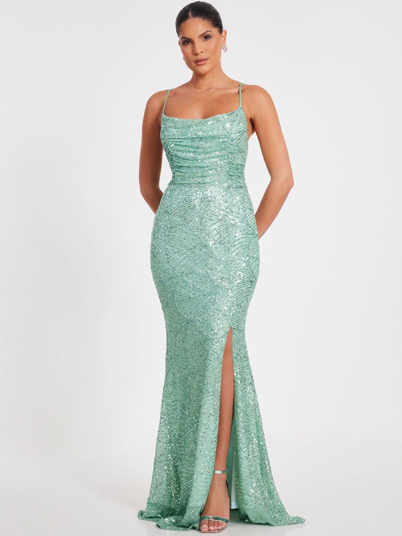 Quiz Pale Green Sequin Fishtail Maxi Dress | Very