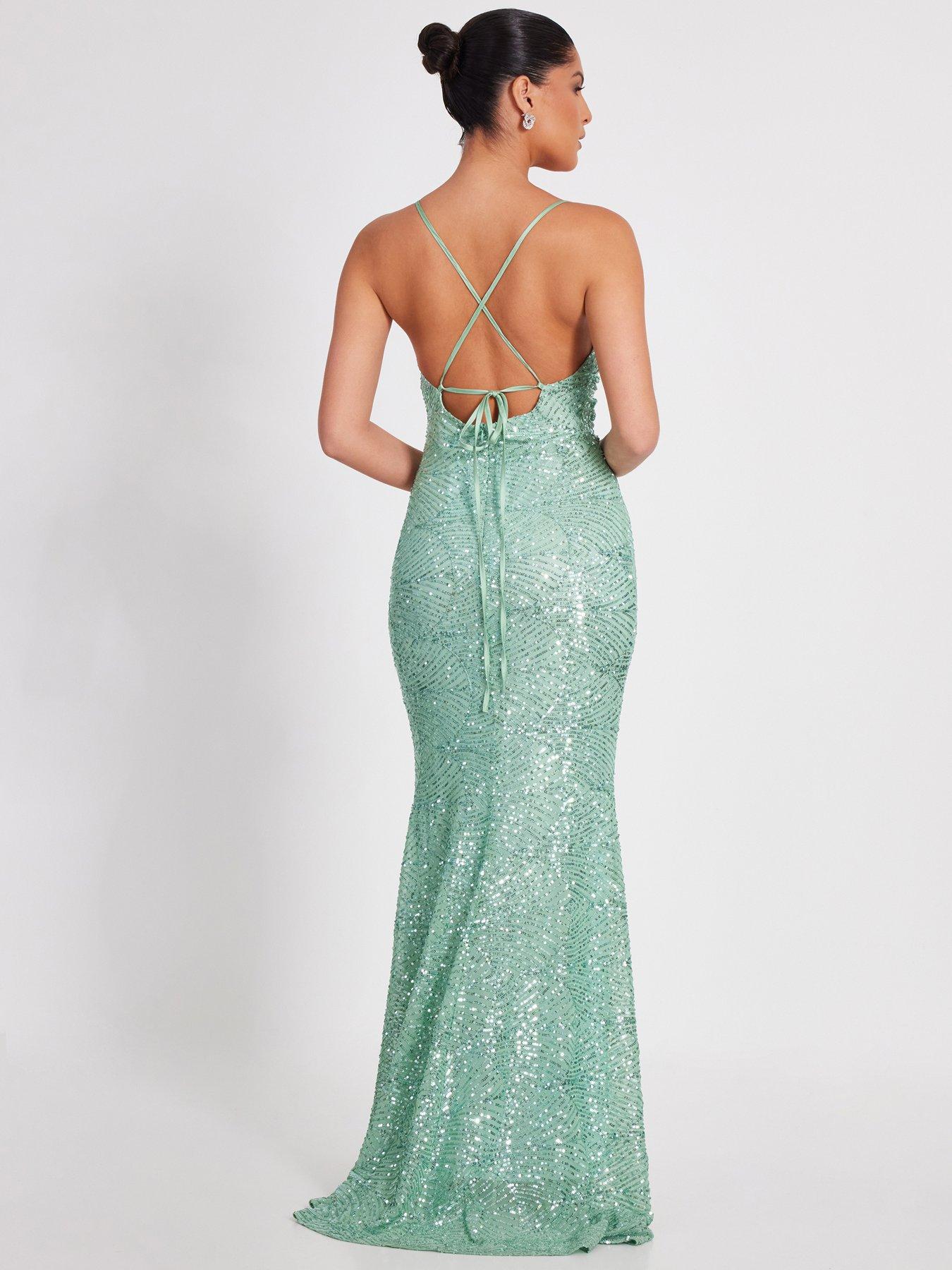Quiz Pale Green Sequin Fishtail Maxi Dress | Very