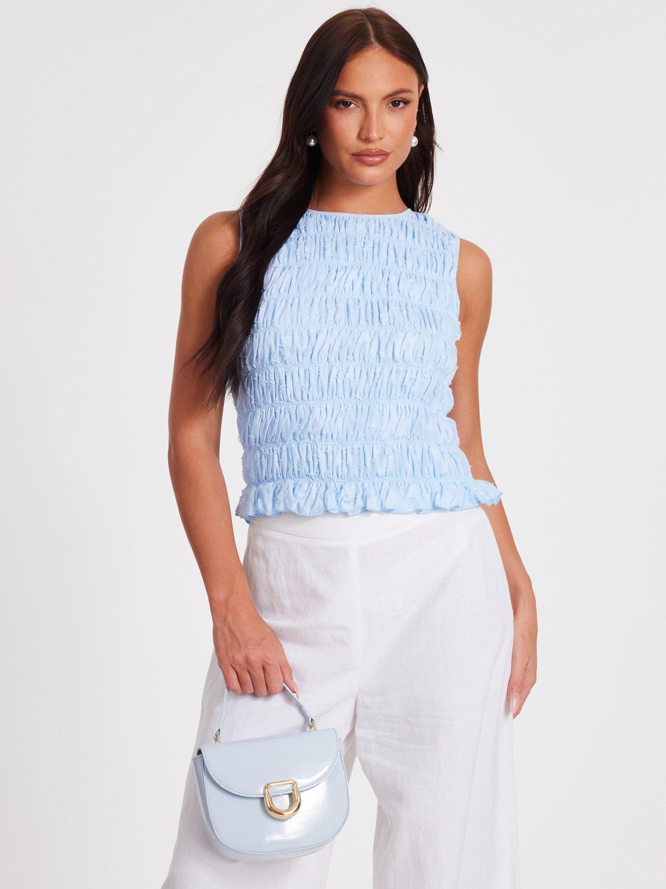 undefined Blue Jacquard Gathered Top