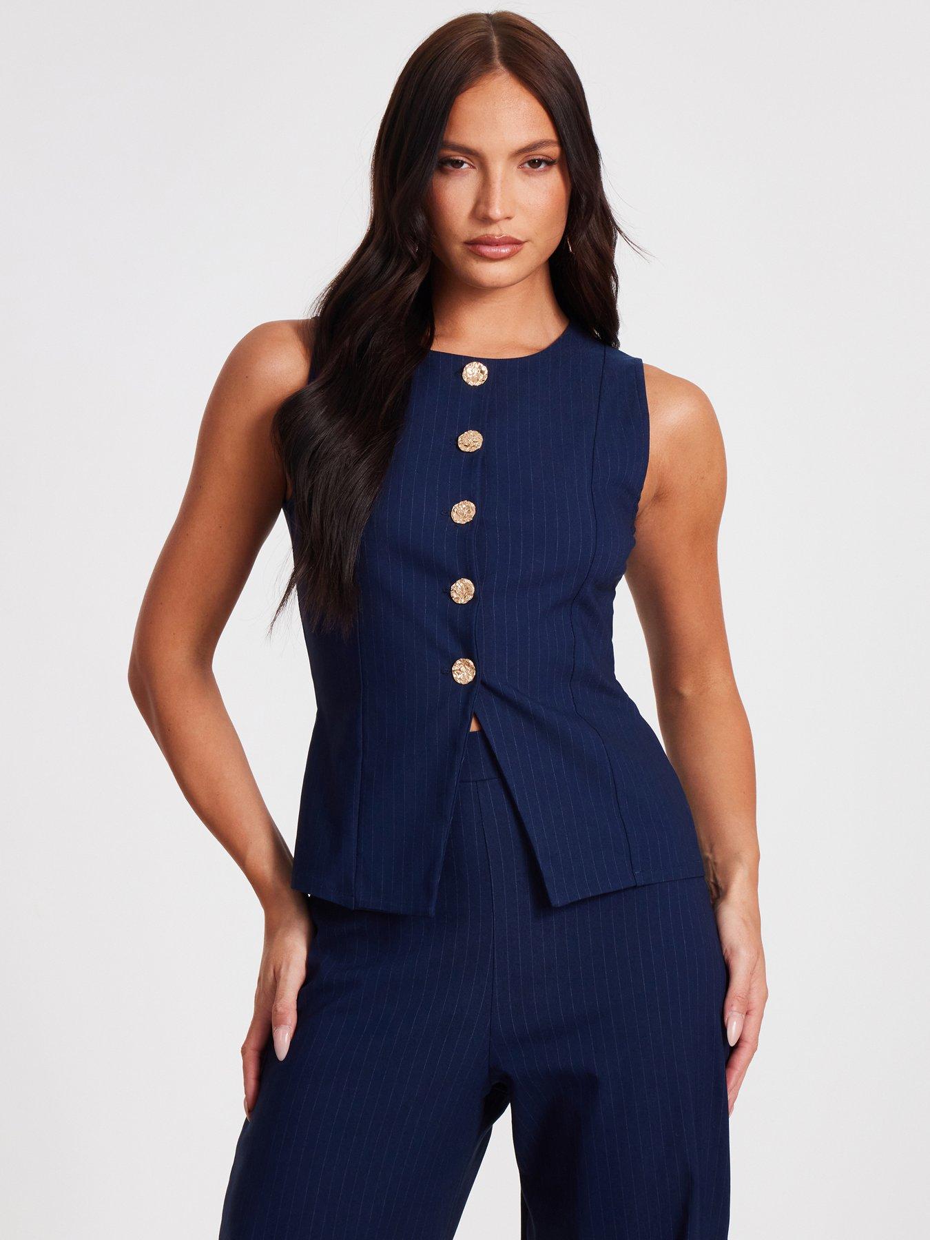 undefined Navy Pinstripe Button Front Waistcoat