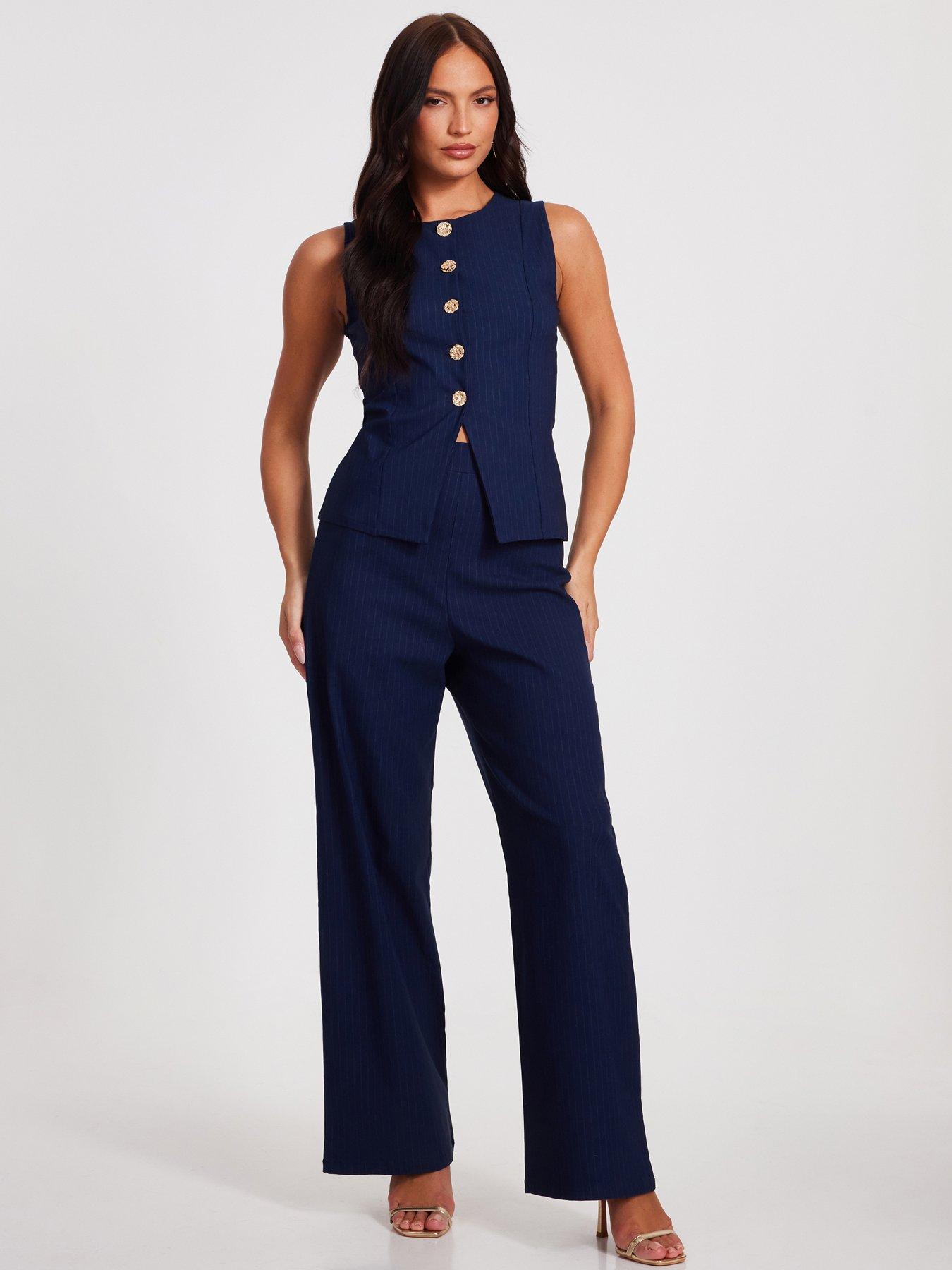 undefined Navy Pinstripe Wide Leg Trousers