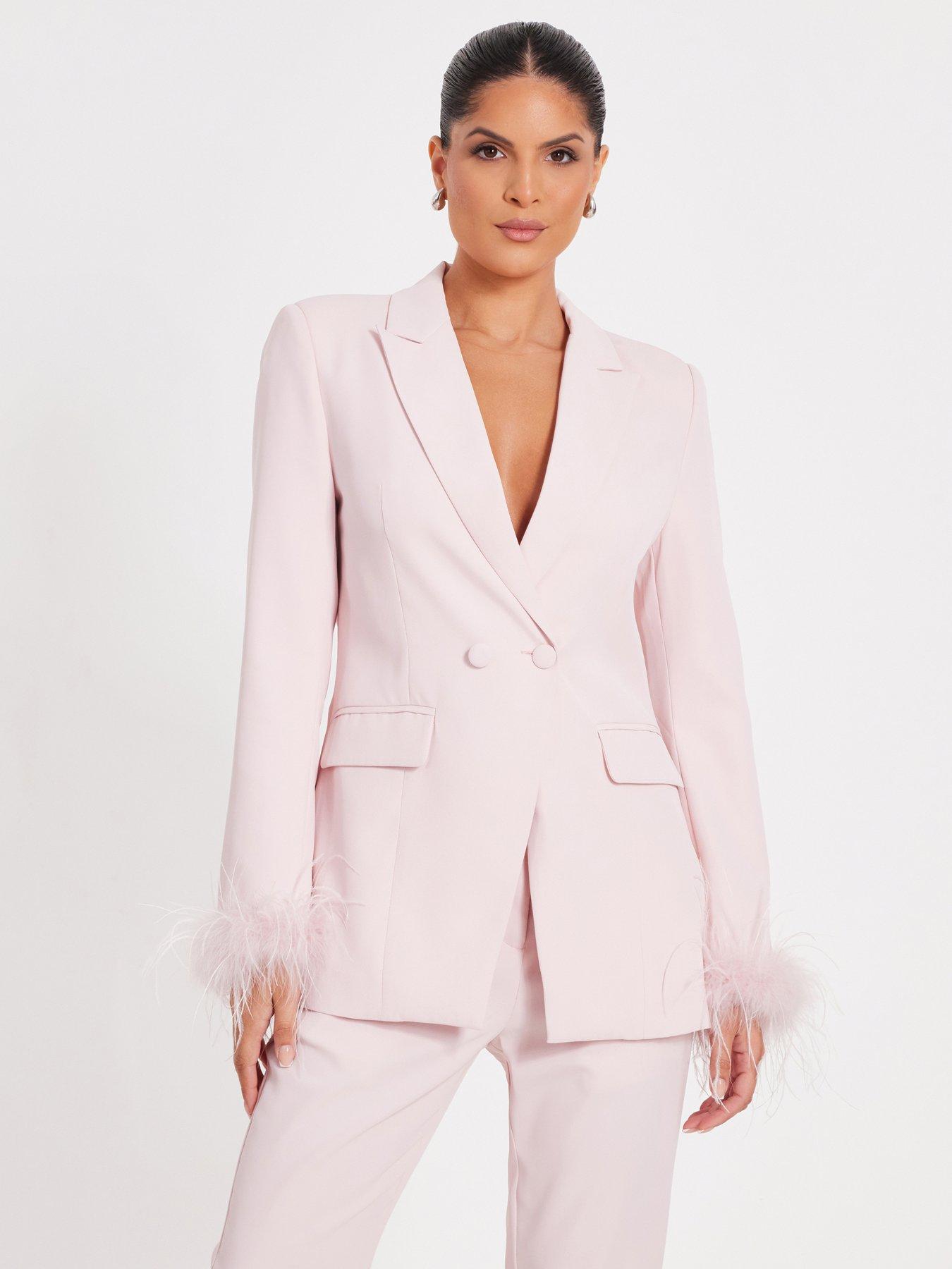 undefined Pink Feather Trim Tailored Blazer