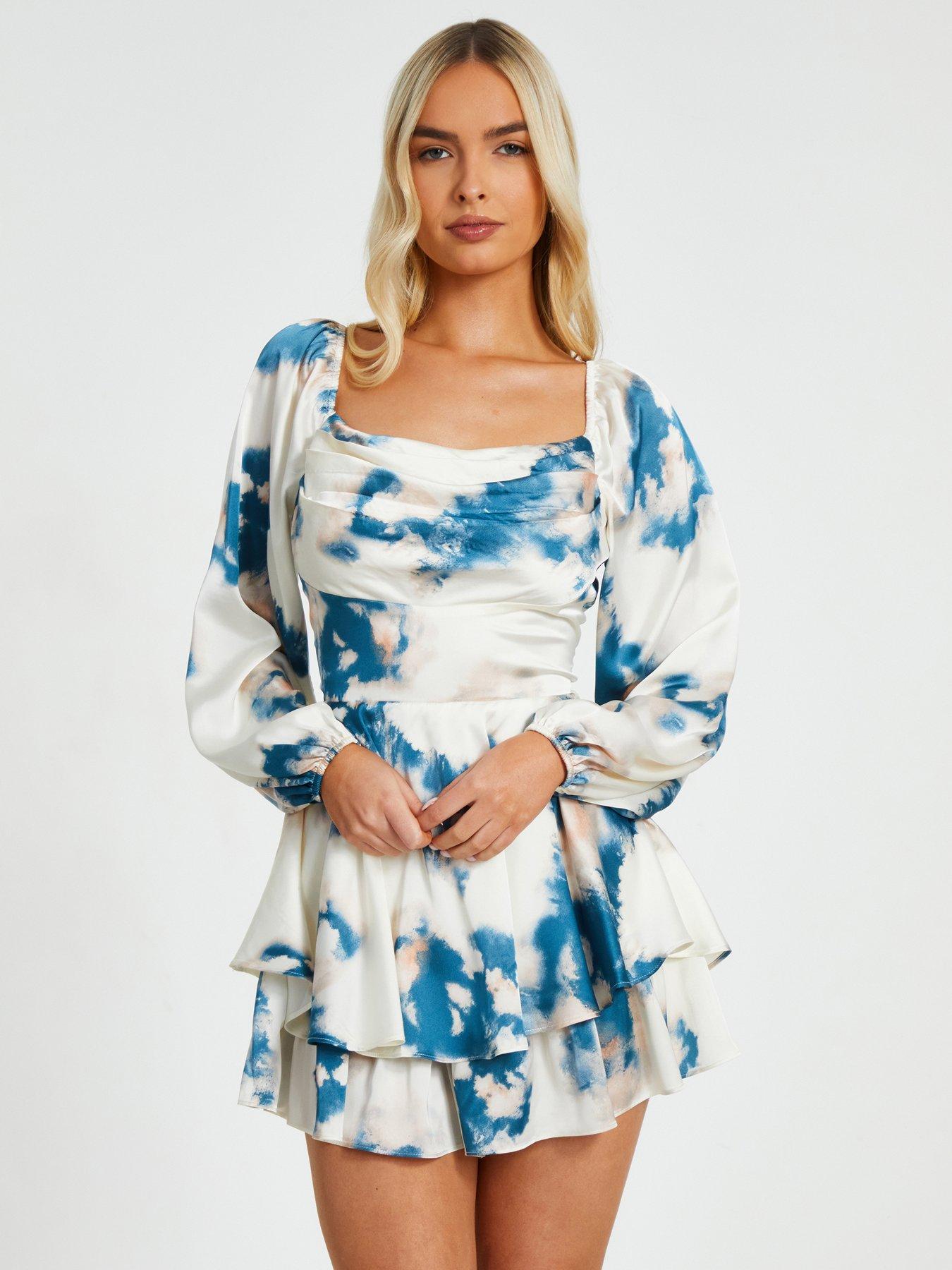 undefined Teal Smudge Satin Playsuit