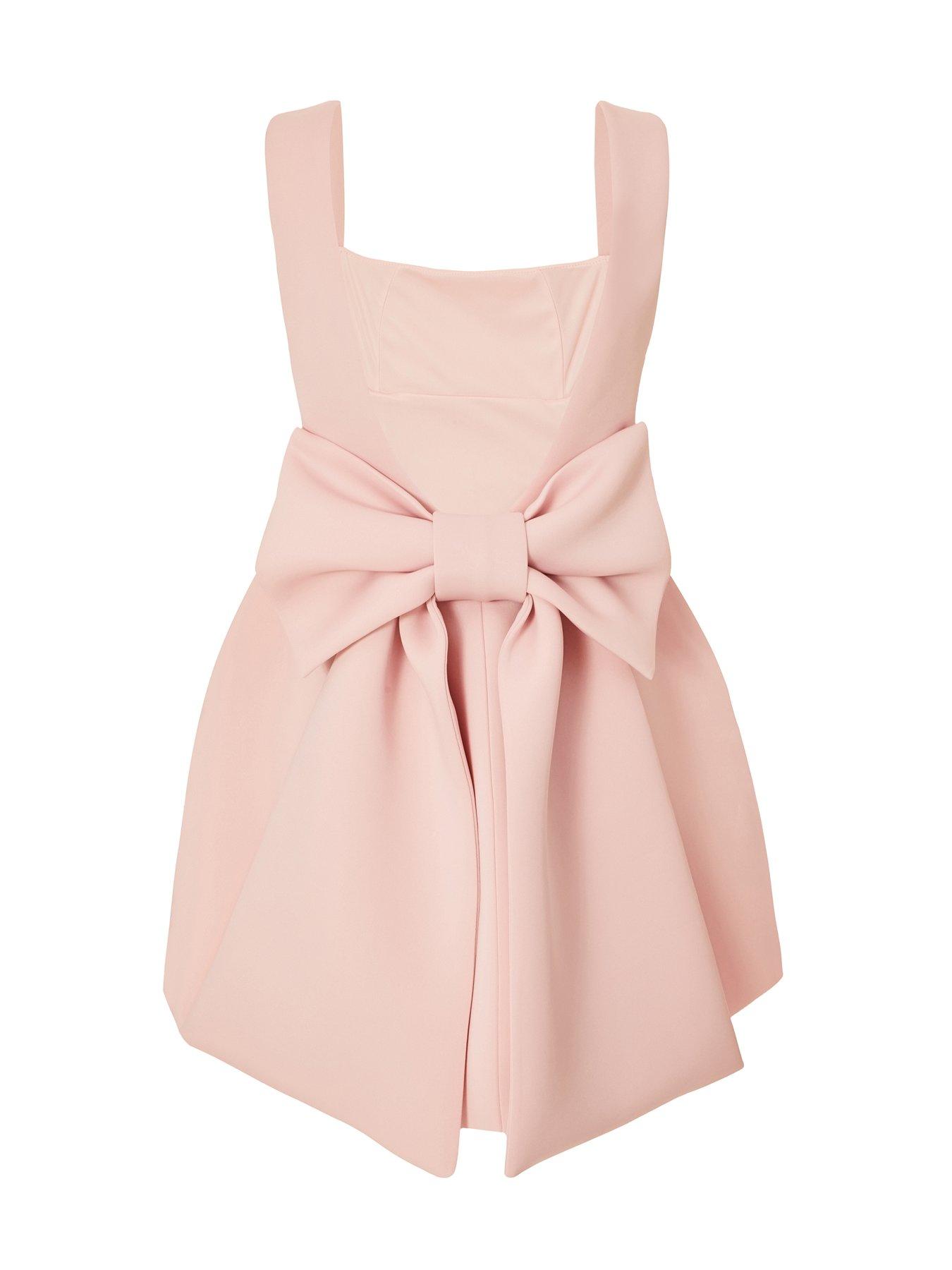 pink bow skater dress ASOS LUXE puff sleeve corseted mini skater dress in light pink