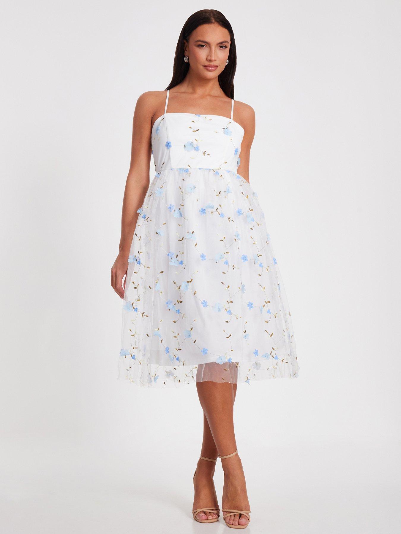 undefined White Embroidered Mesh Midi Dress