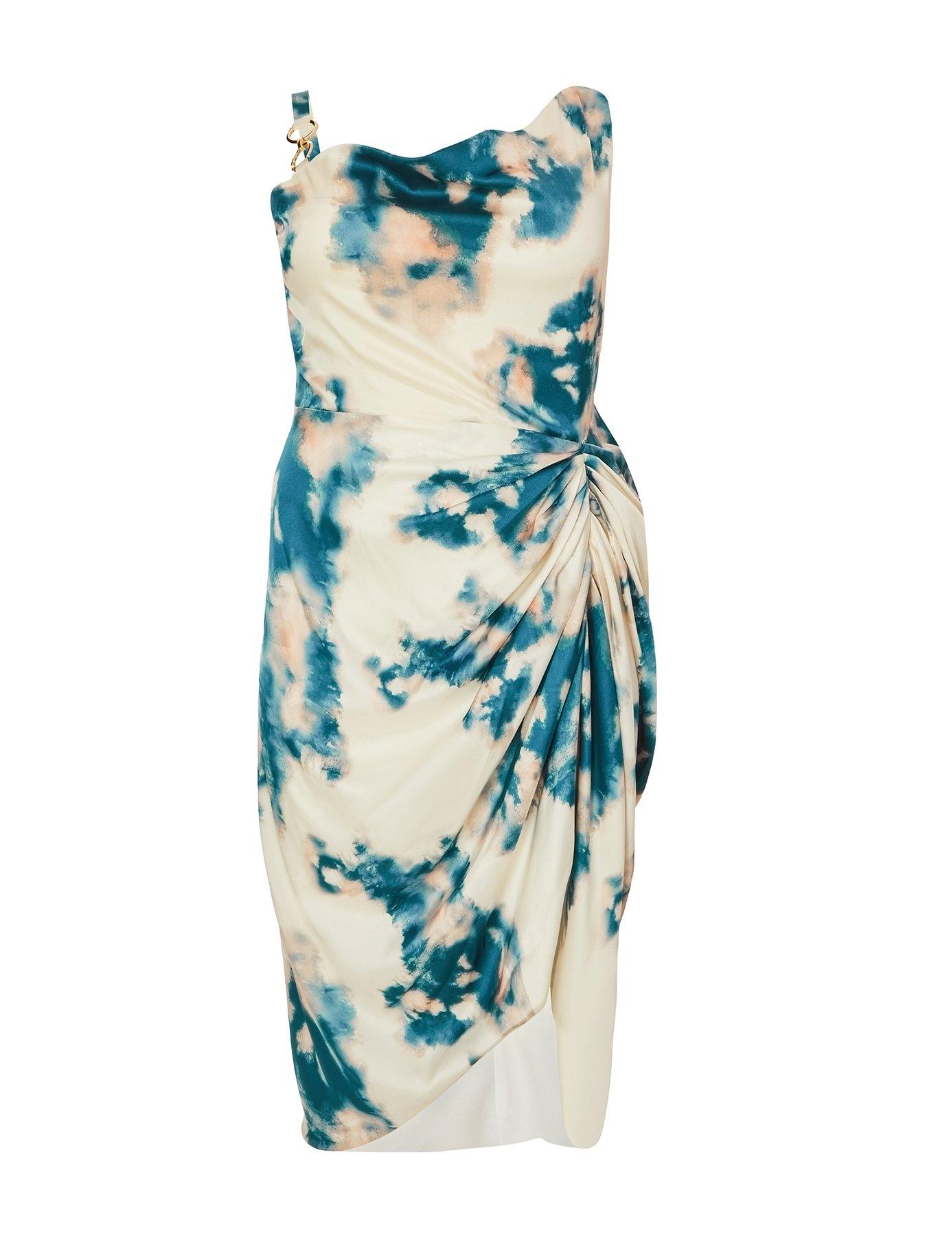 Image 4 of 6 of Quiz Curve Teal Marble Print Midi Dress