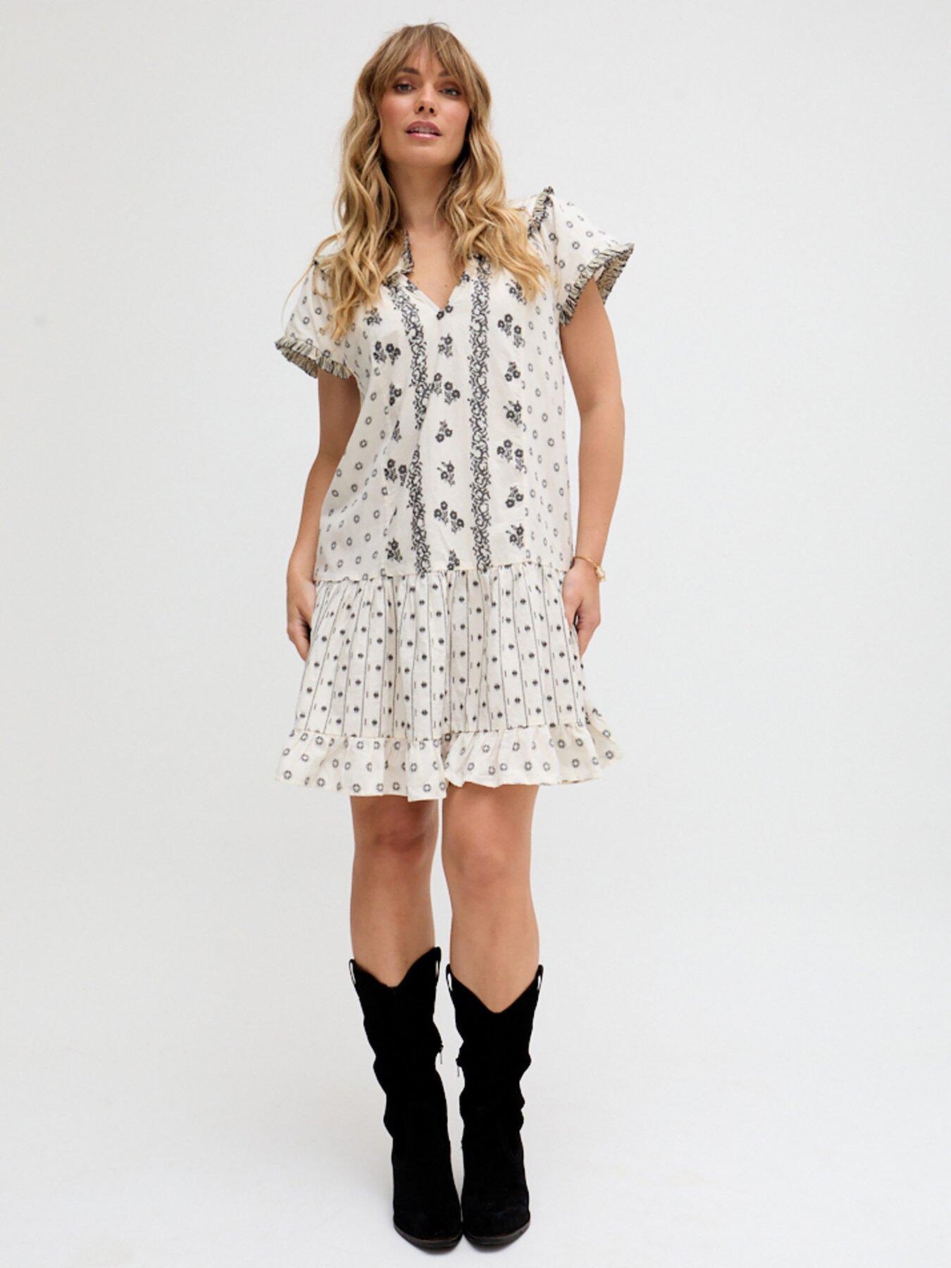 undefined Jemilla Split Neck Jacquard Mini Dress In White