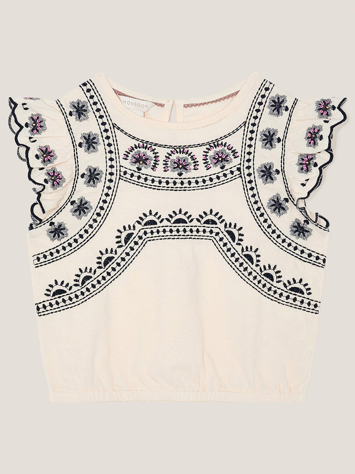 undefined Girls Embroidered Frill T-shirt - Light Cream