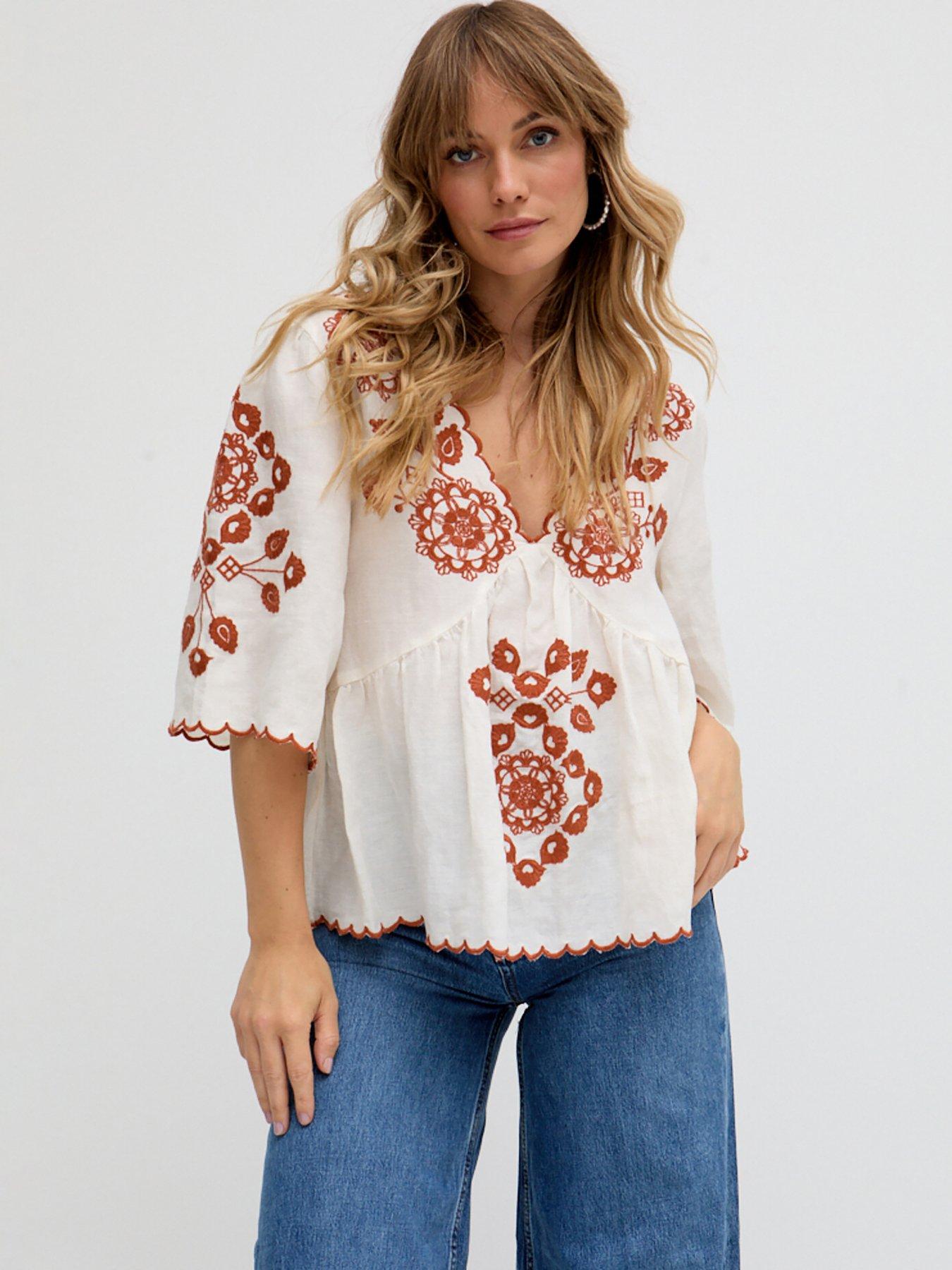 undefined Aubrey V-neck Embroidered Blouse In White