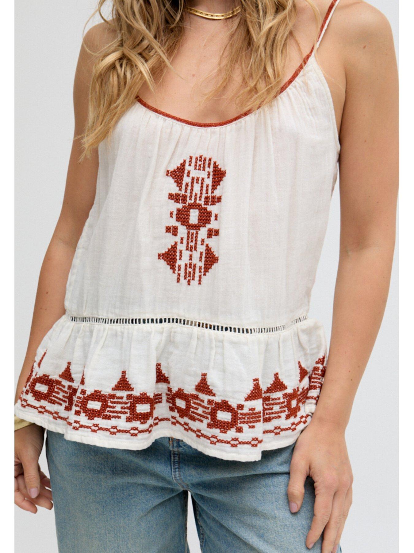 Image 5 of 5 of Raffya Lilly Spaghetti Strap Embroidered Cami - White