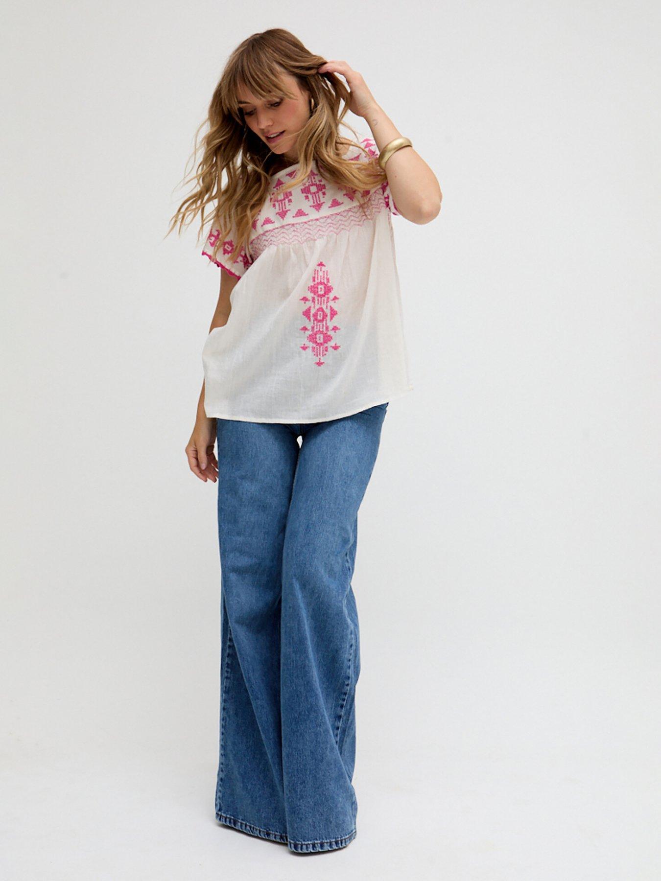 undefined Flora Short Sleeve Embroidered Blouse In White