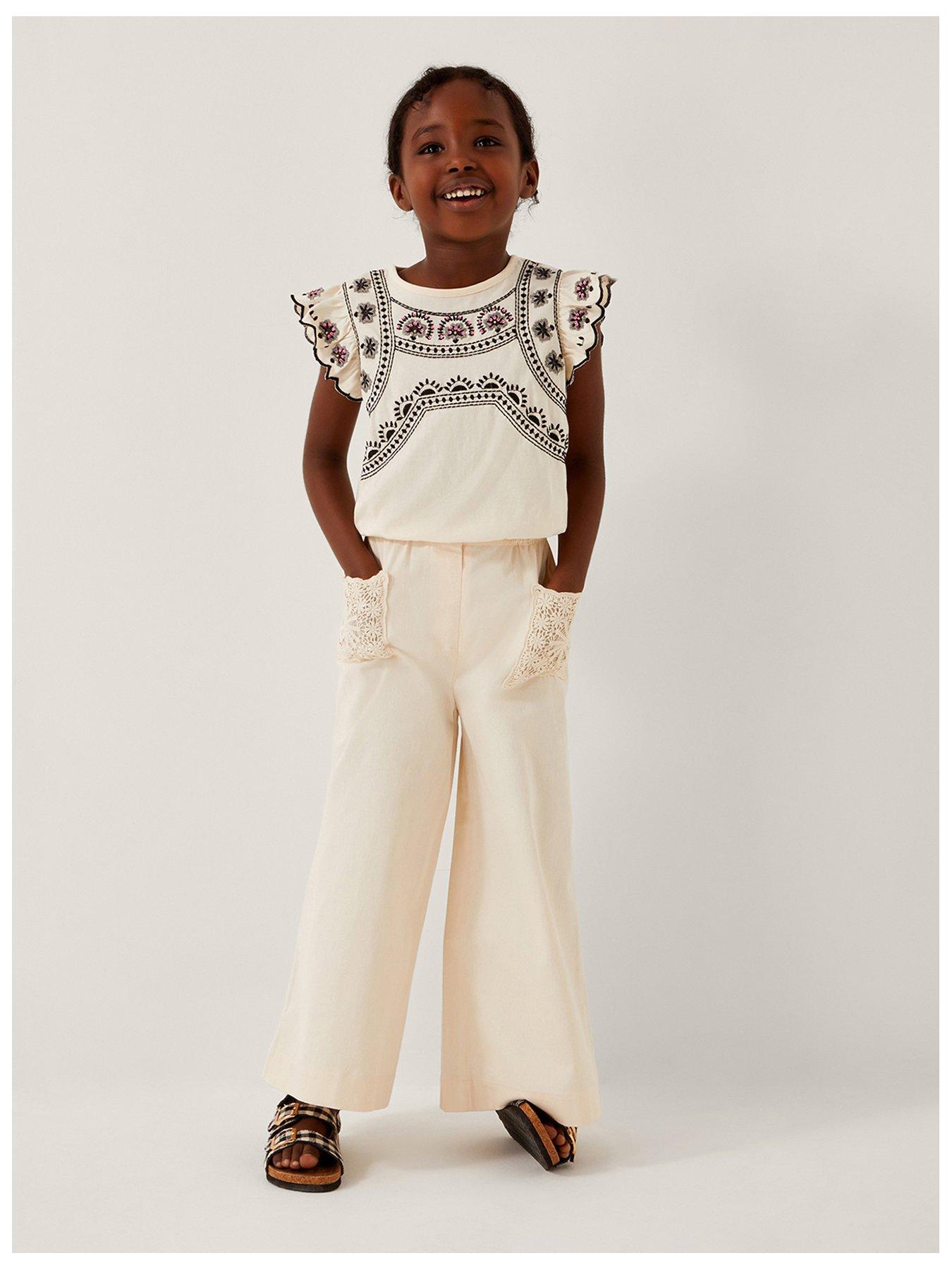 undefined Girls Crochet Pocket Wide Leg Trousers - Light Cream