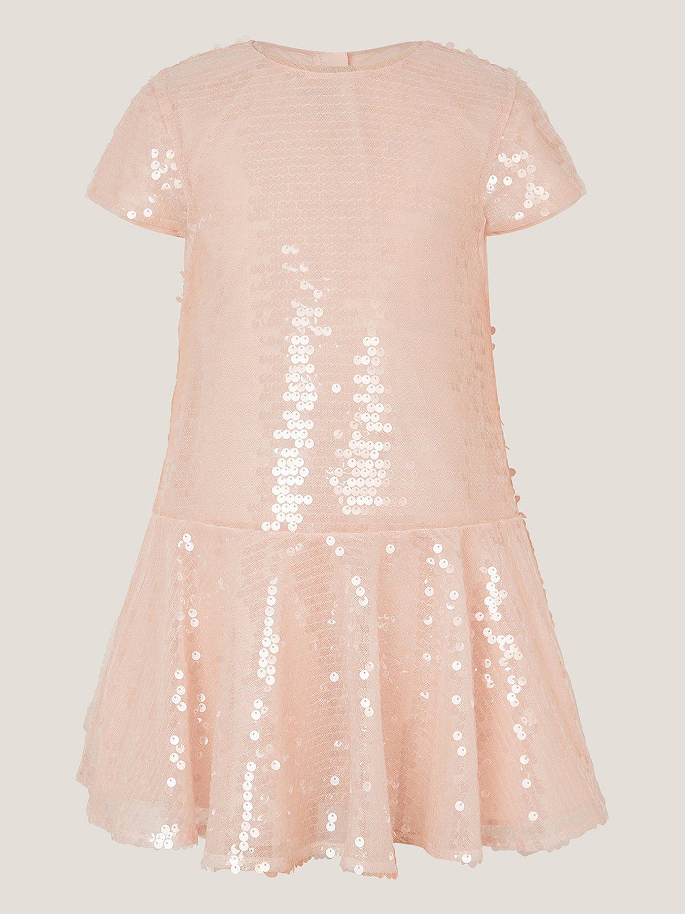 undefined Girls Sequin Drop Waist Dress - Light Pink