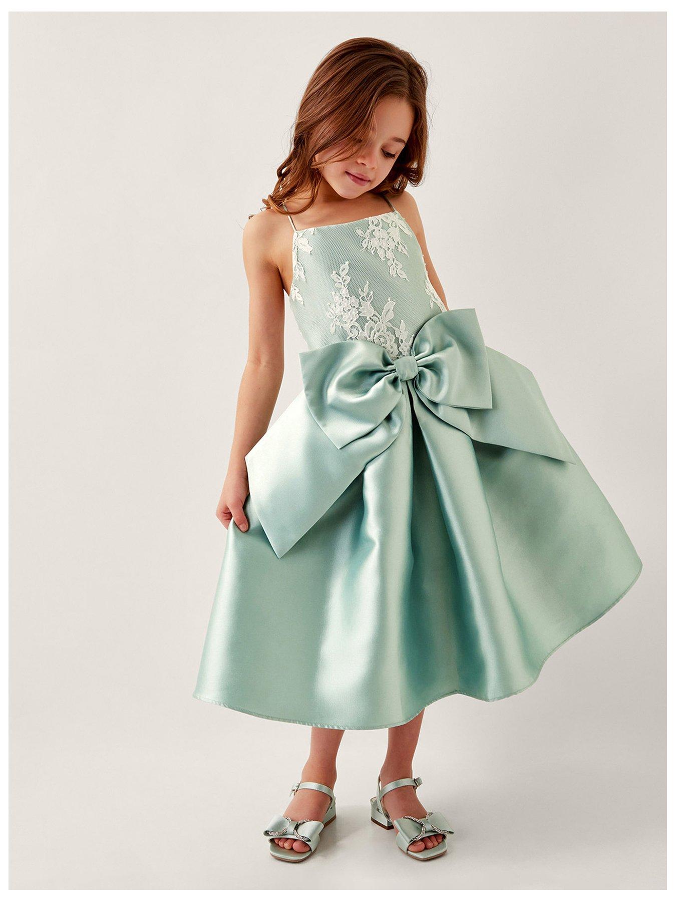 undefined Girls Juniper Satin Lace Bow Bridesmaid Dress - Light Green