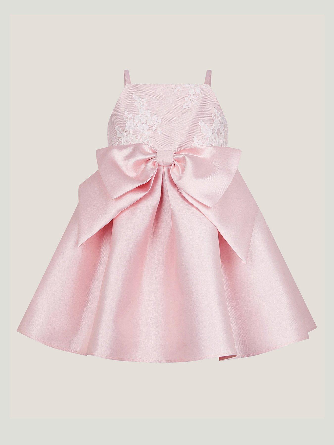 Image 2 of 4 of Monsoon Baby Girls Juniper Satin Lace Bow Bridesmaid Dress - Pink