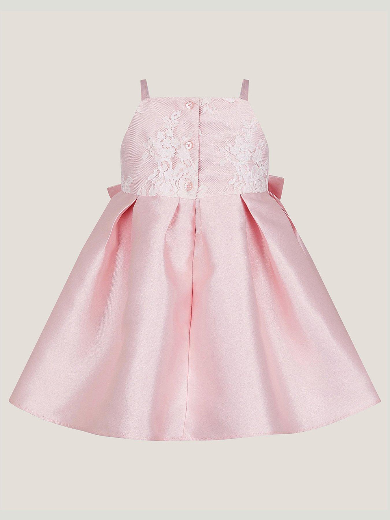 Image 3 of 4 of Monsoon Baby Girls Juniper Satin Lace Bow Bridesmaid Dress - Pink