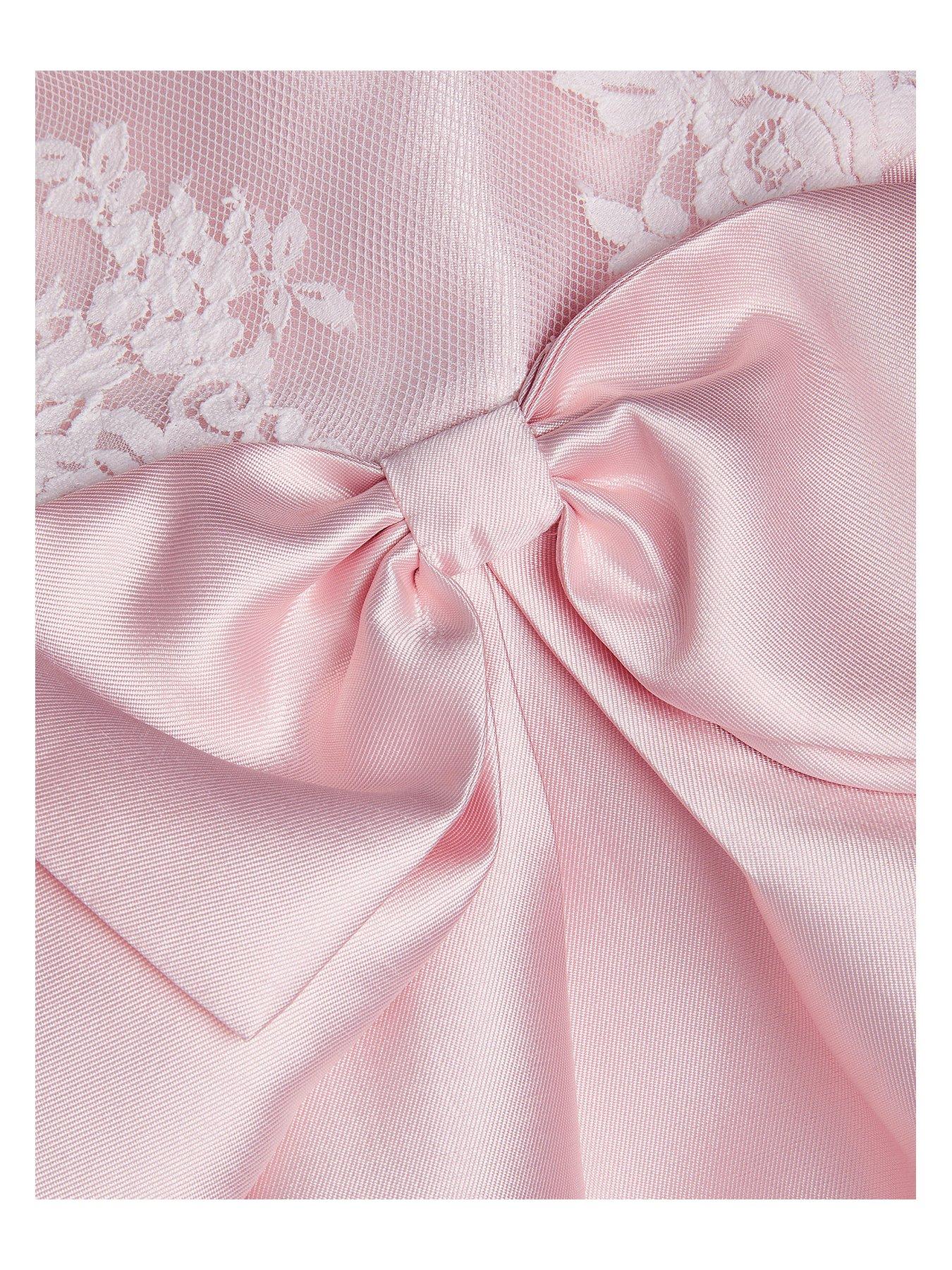 Image 4 of 4 of Monsoon Baby Girls Juniper Satin Lace Bow Bridesmaid Dress - Pink