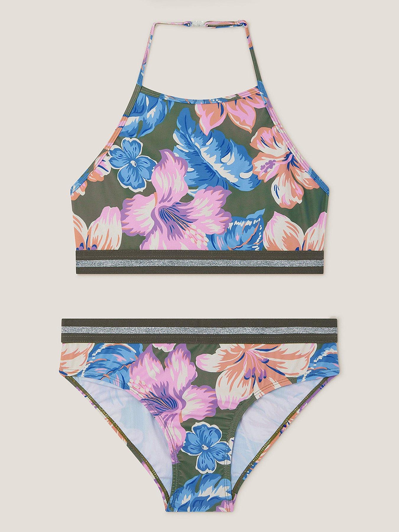 undefined Girls Floral Sparkle Bikini Set - Khaki