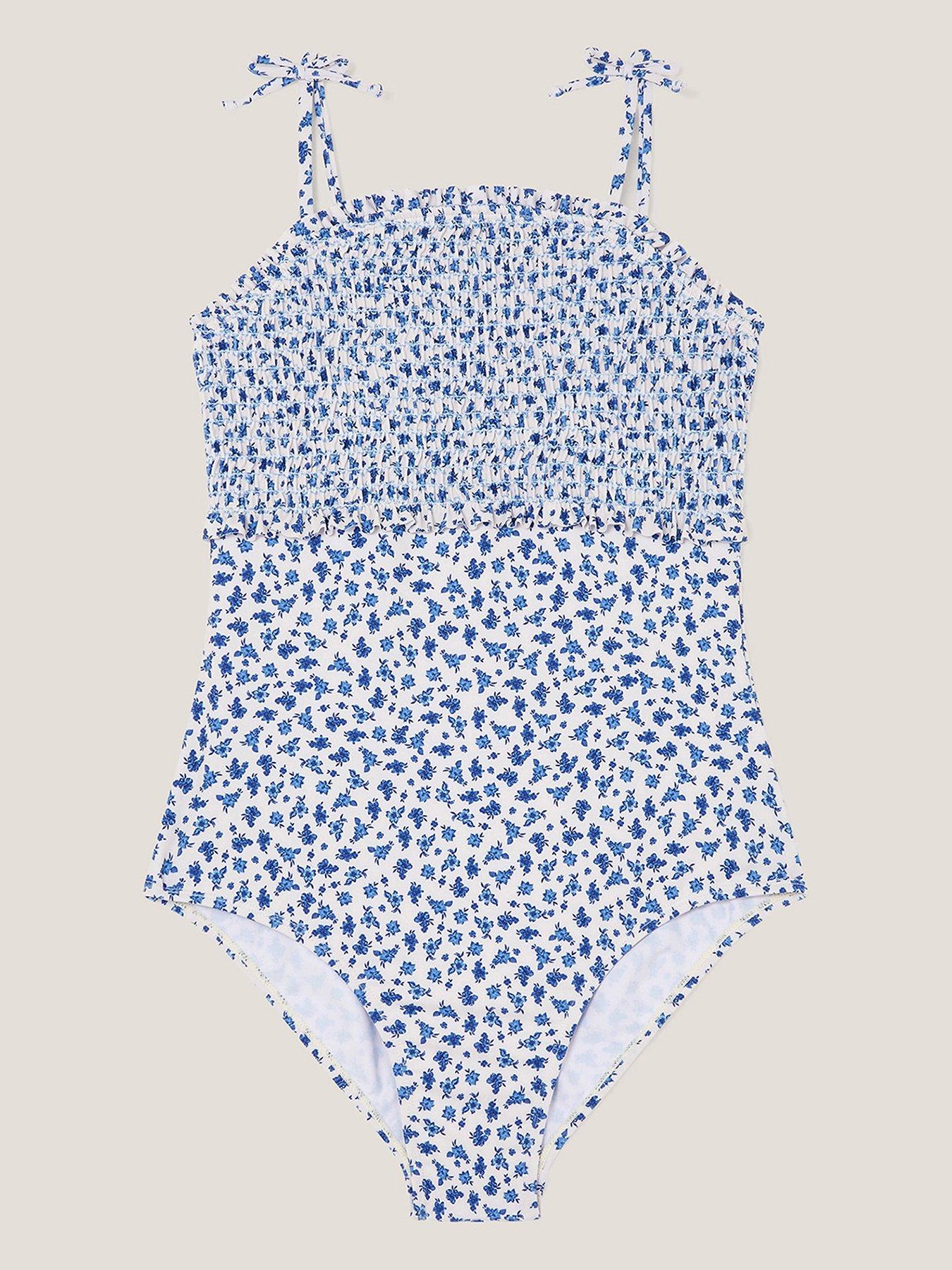undefined Girls Ditsy Floral Smocked Swimsuit - Light Cream