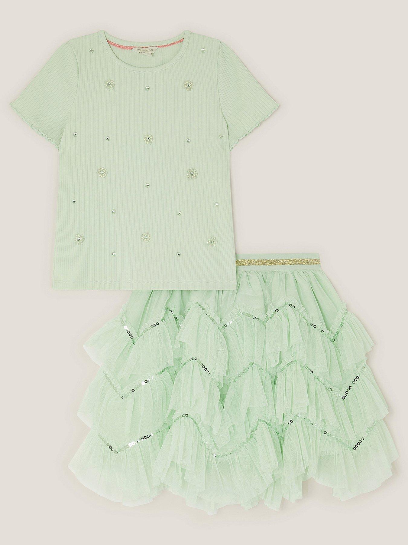 undefined Girls Embroidered Ribbed Disco Set - Green