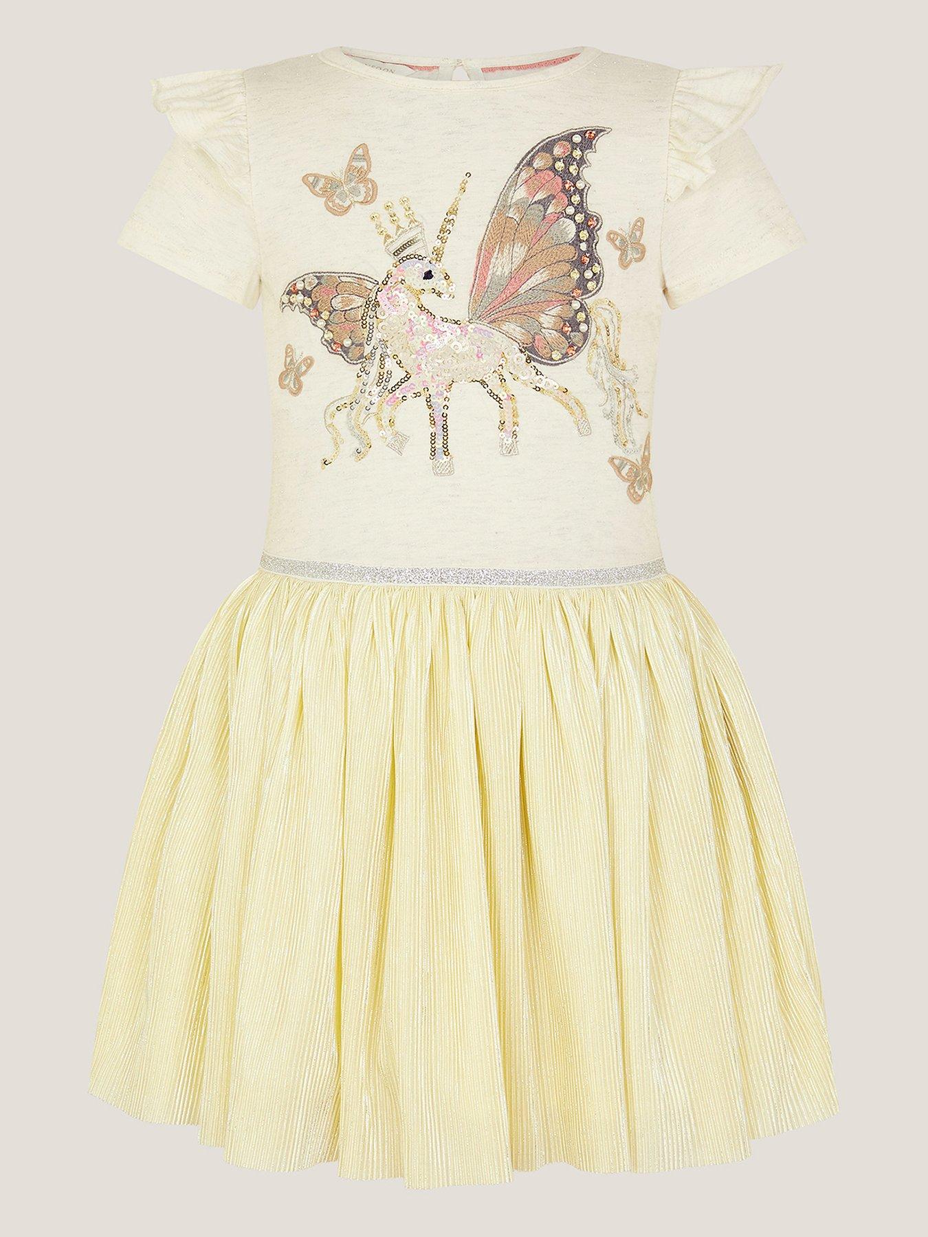 undefined Girls Short Sleeve Unicorn Plisse Disco Dress - Light Cream