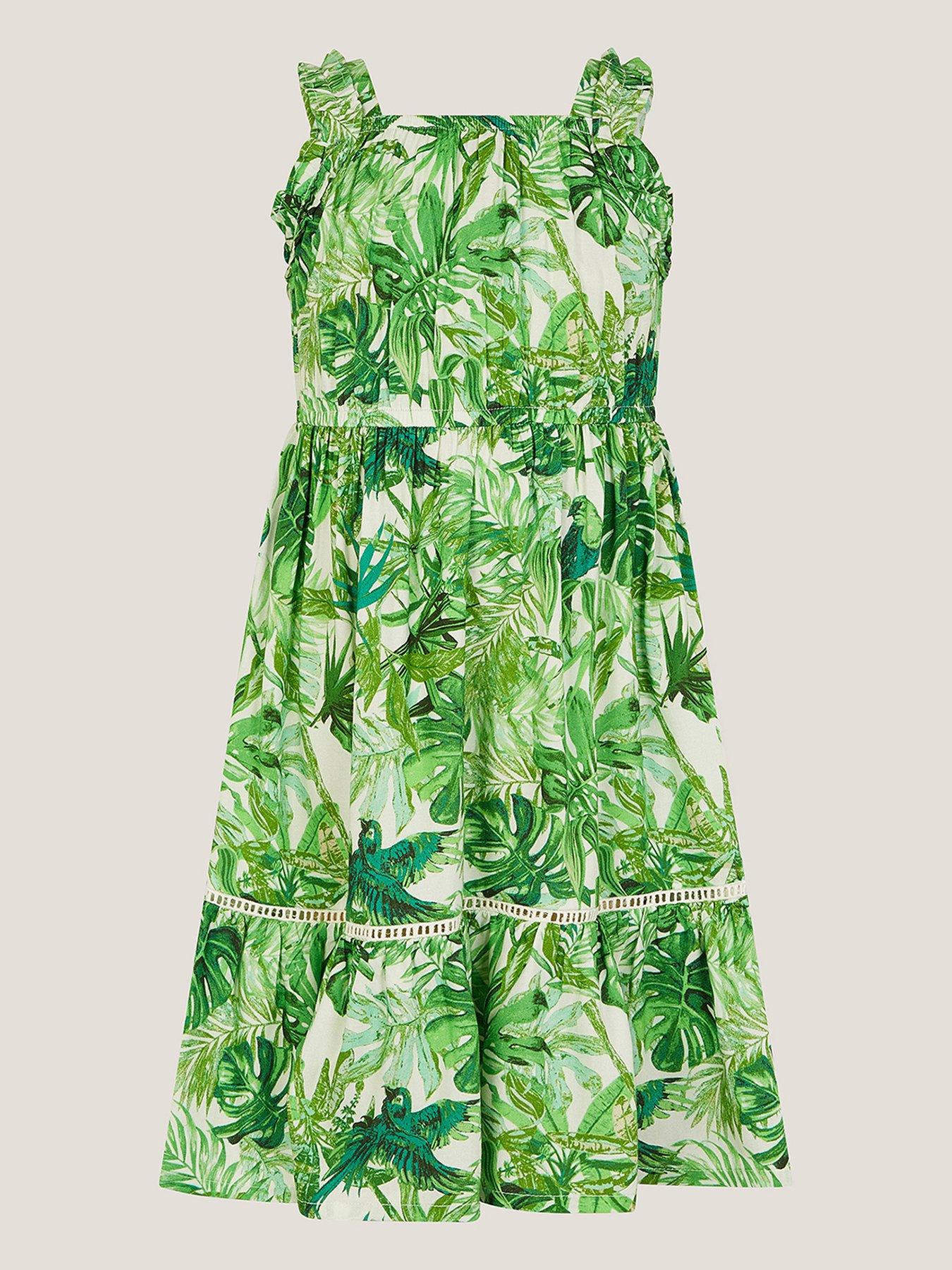 undefined Girls Jungle Bird Print Dress - Green