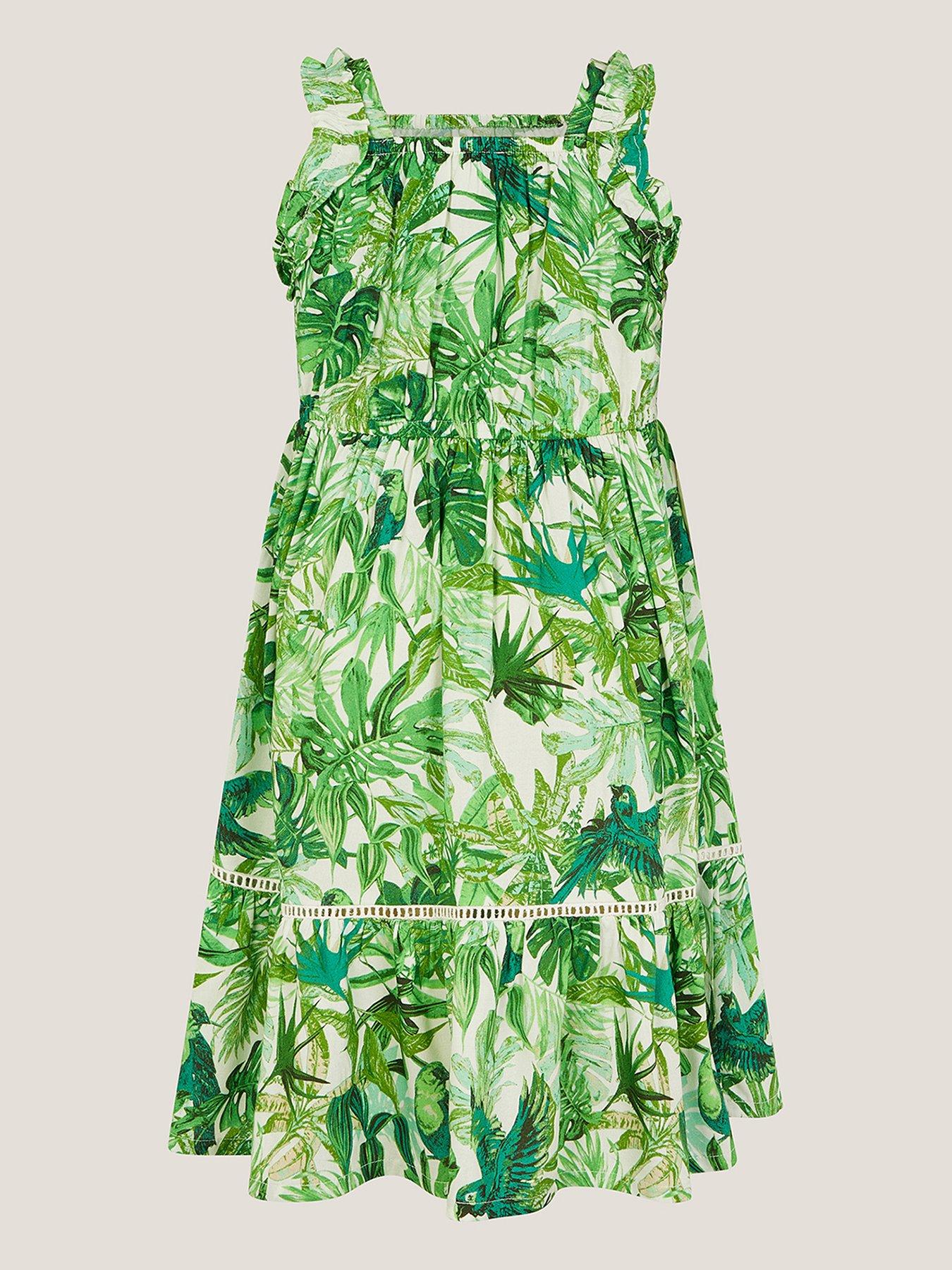 Image 2 of 3 of Monsoon Girls Jungle Bird Print Dress - Green