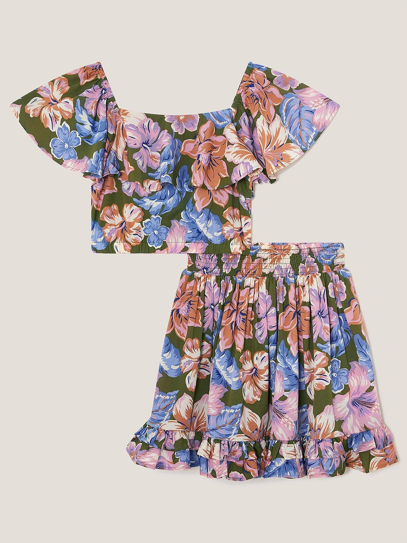 undefined Girls Floral Top And Skirt Set - Khaki